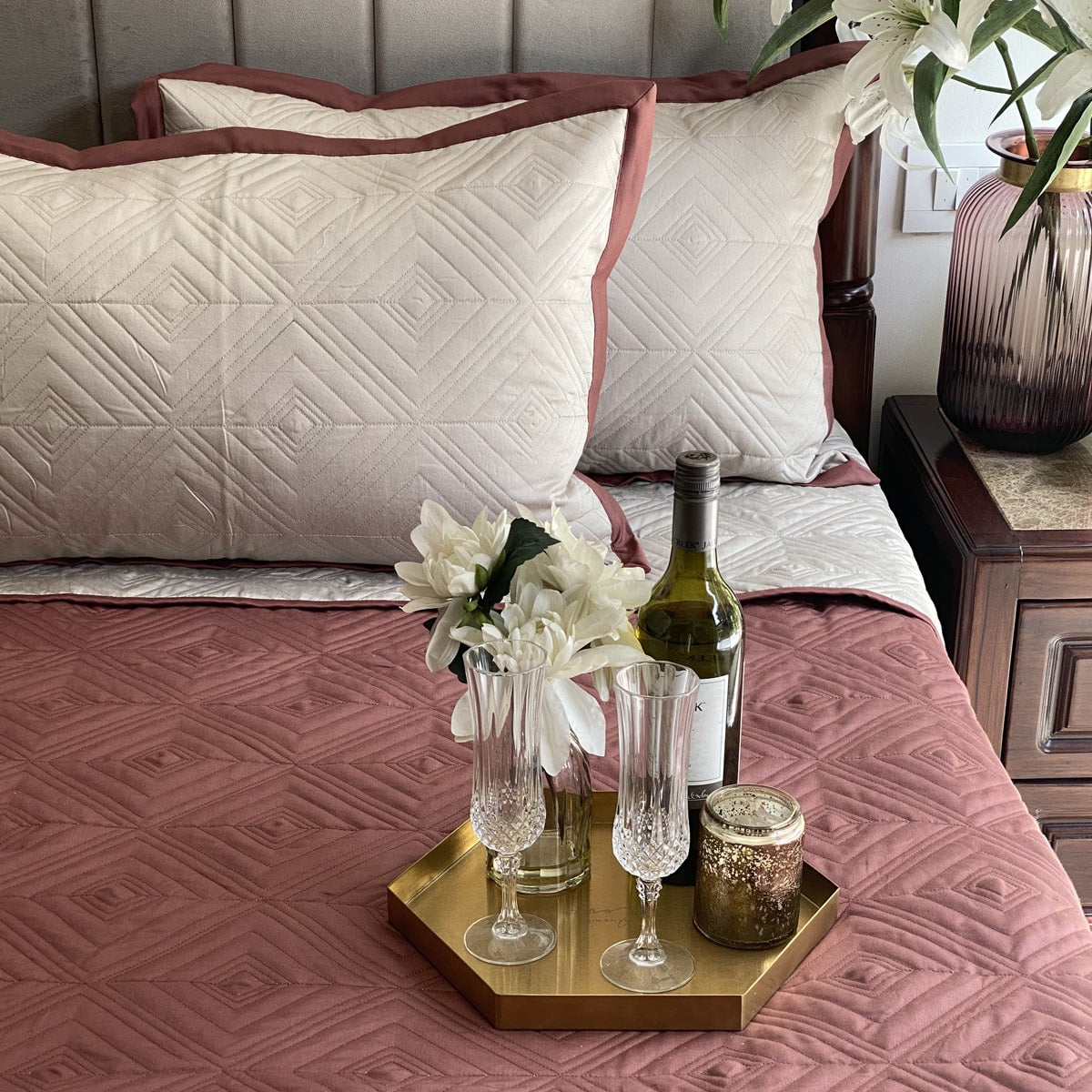 Quilted Blush and Beige Ripple Reversible Bedspread