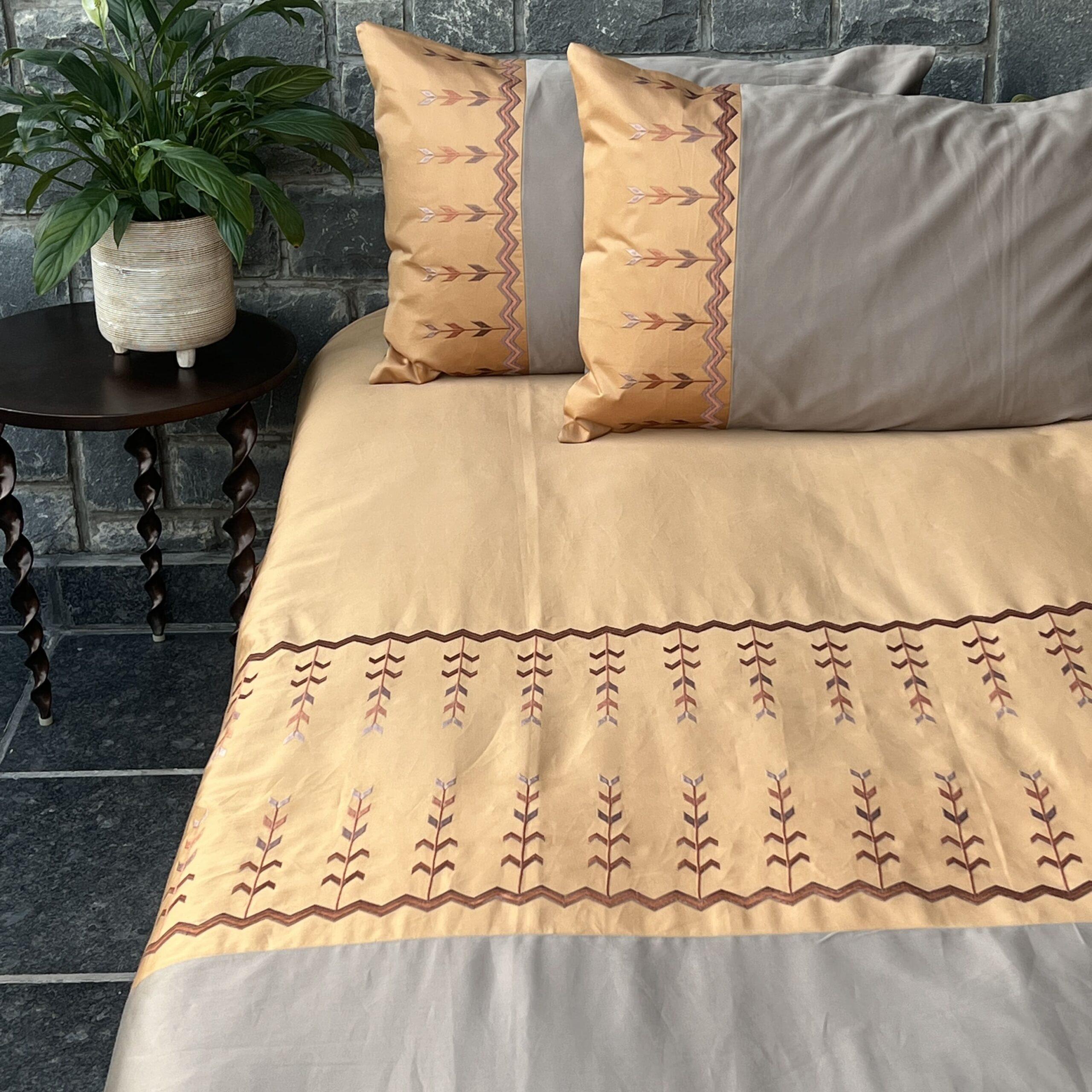 Aero Honey Mustard and Mocha Embroidered Bedsheet Set