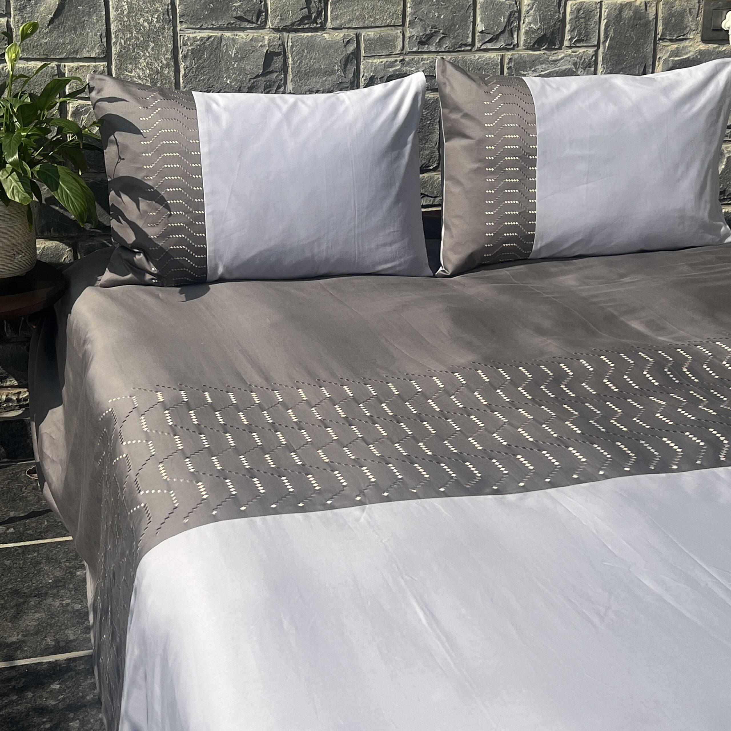 Elvis Elephant Grey and Smoke Blue Embroidered Bedsheet Set