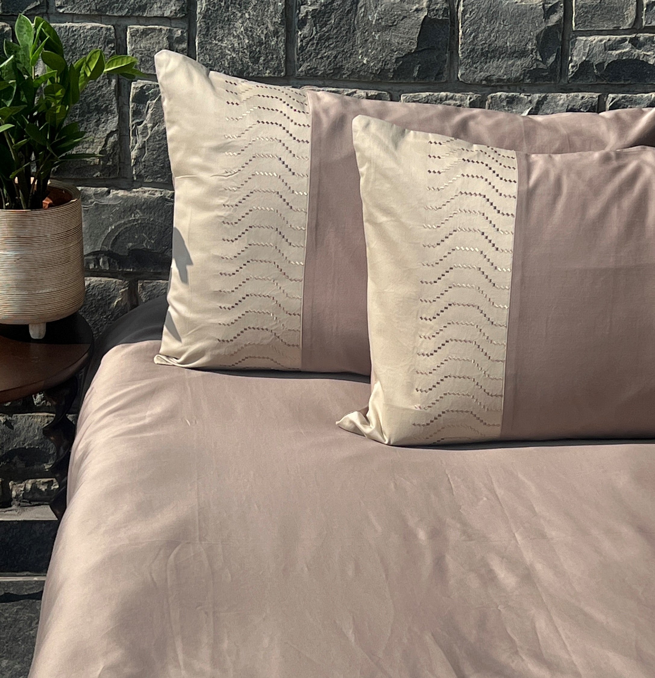 Elvis Mocha and Beige Cotton Embroidered Pillow Covers (Set of 02)