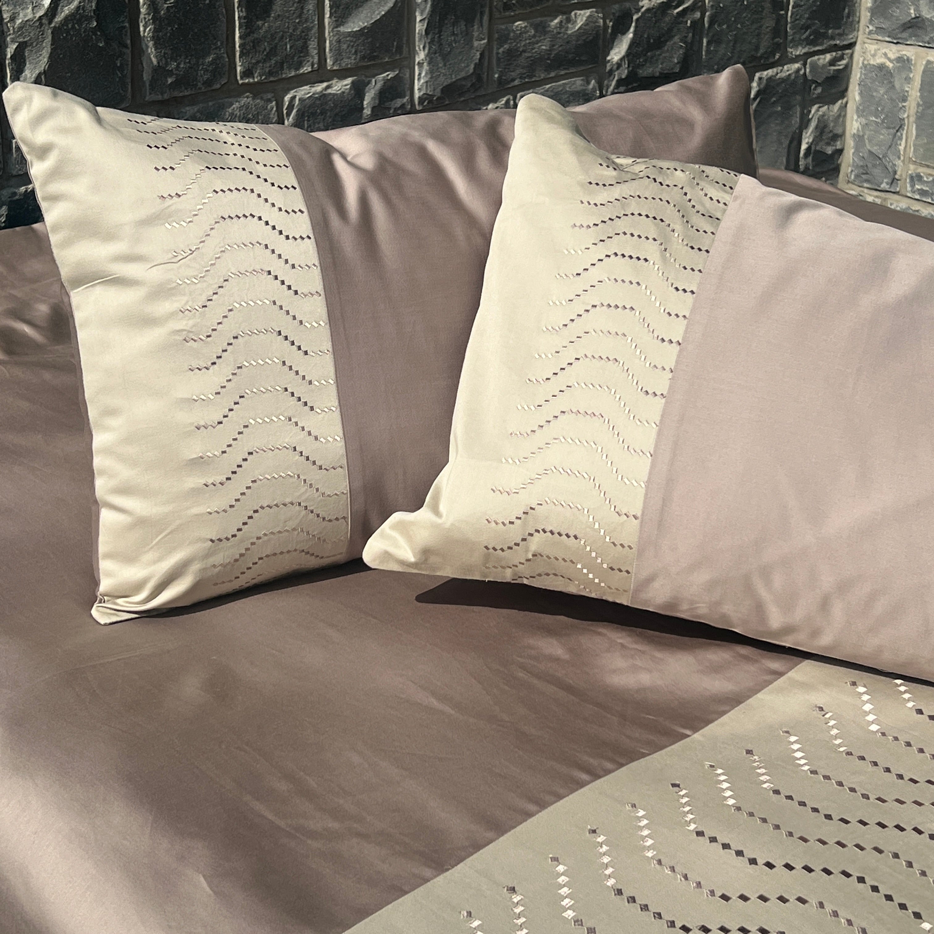 Elvis Mocha and Beige Cotton Embroidered Pillow Covers (Set of 02)