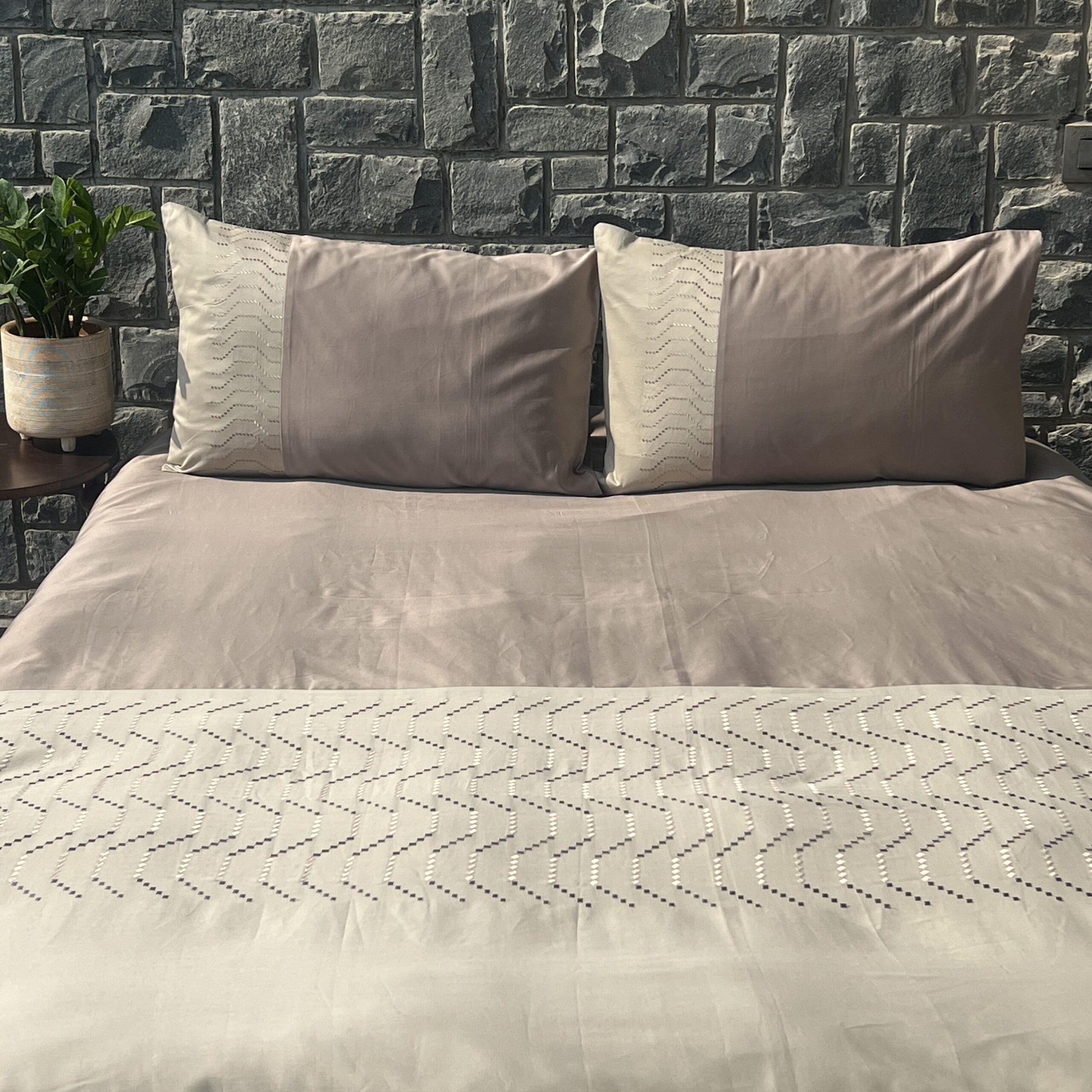 Elvis Mocha and Beige Embroidered Bedsheet Set