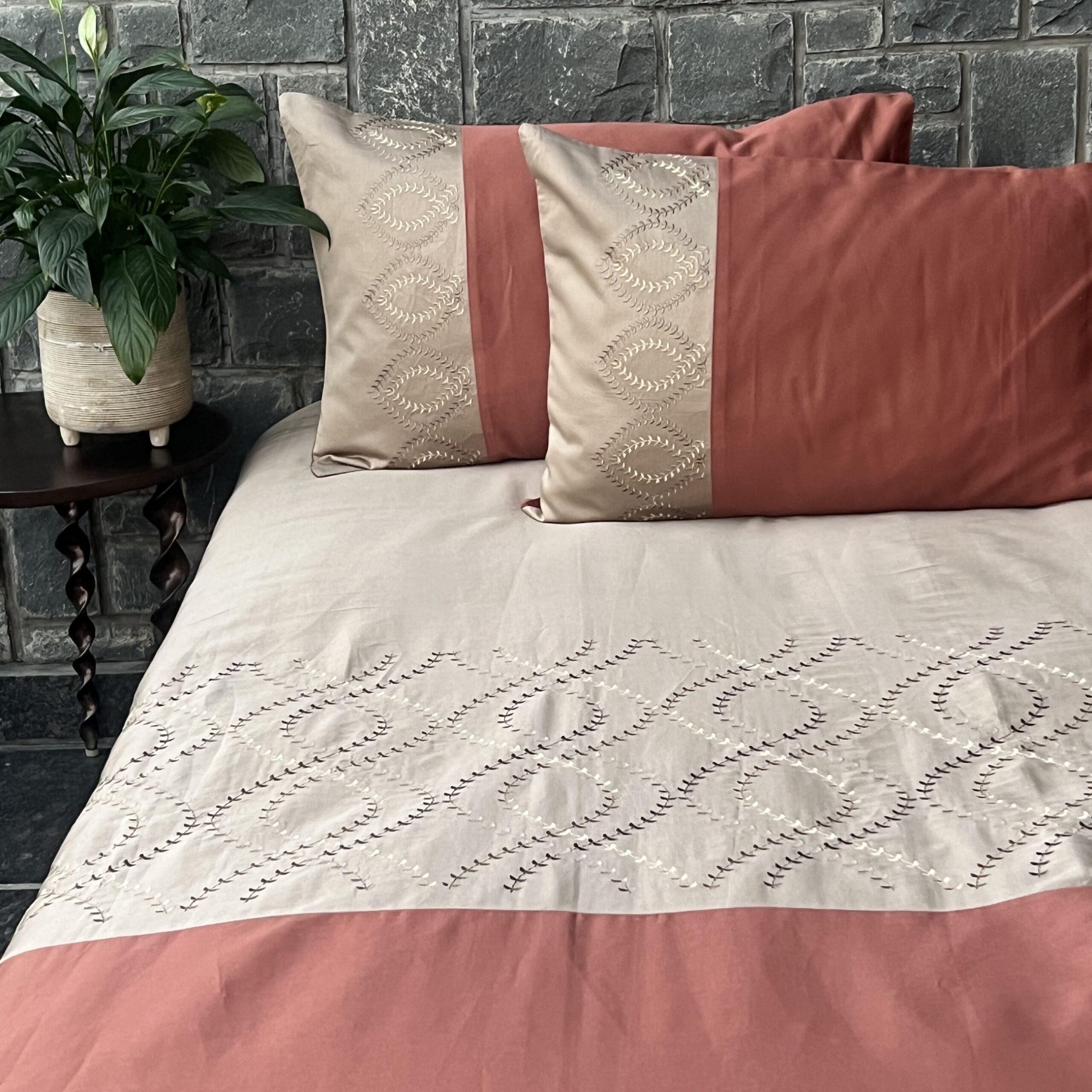 Exon Sand and Terracotta Embroidered Bedsheet Set