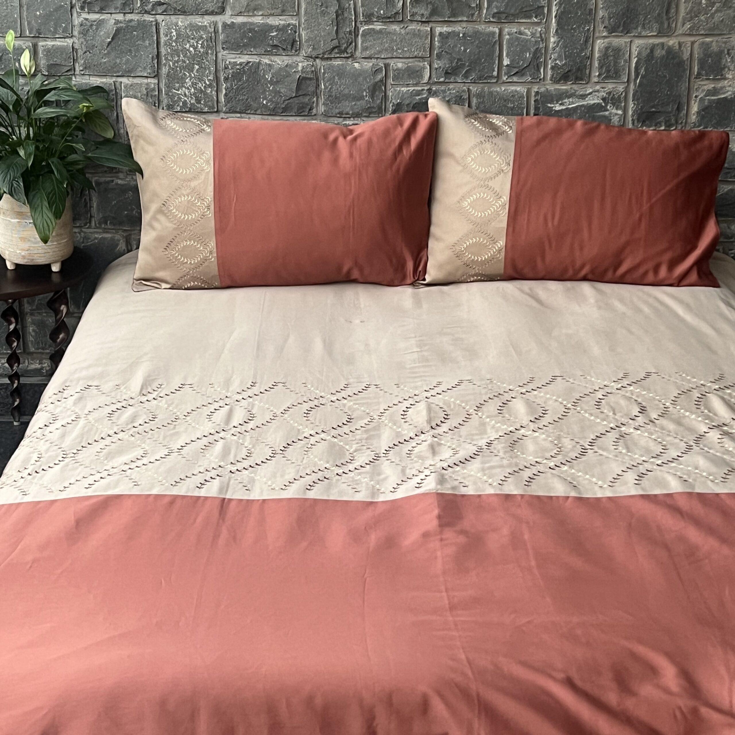 Exon Sand and Terracotta Embroidered Bedsheet Set