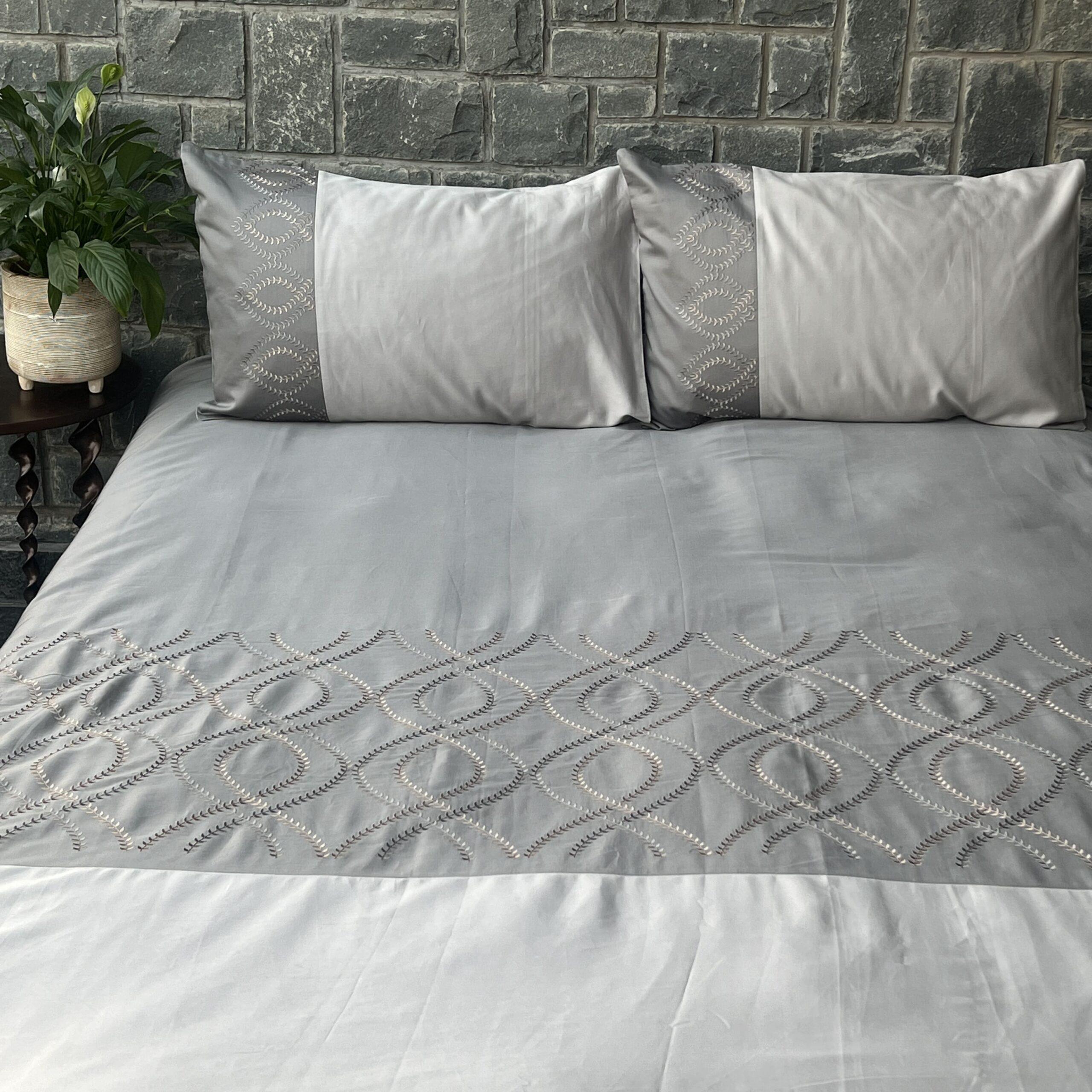 Exon Slate and Pearl Grey Embroidered Bedsheet Set