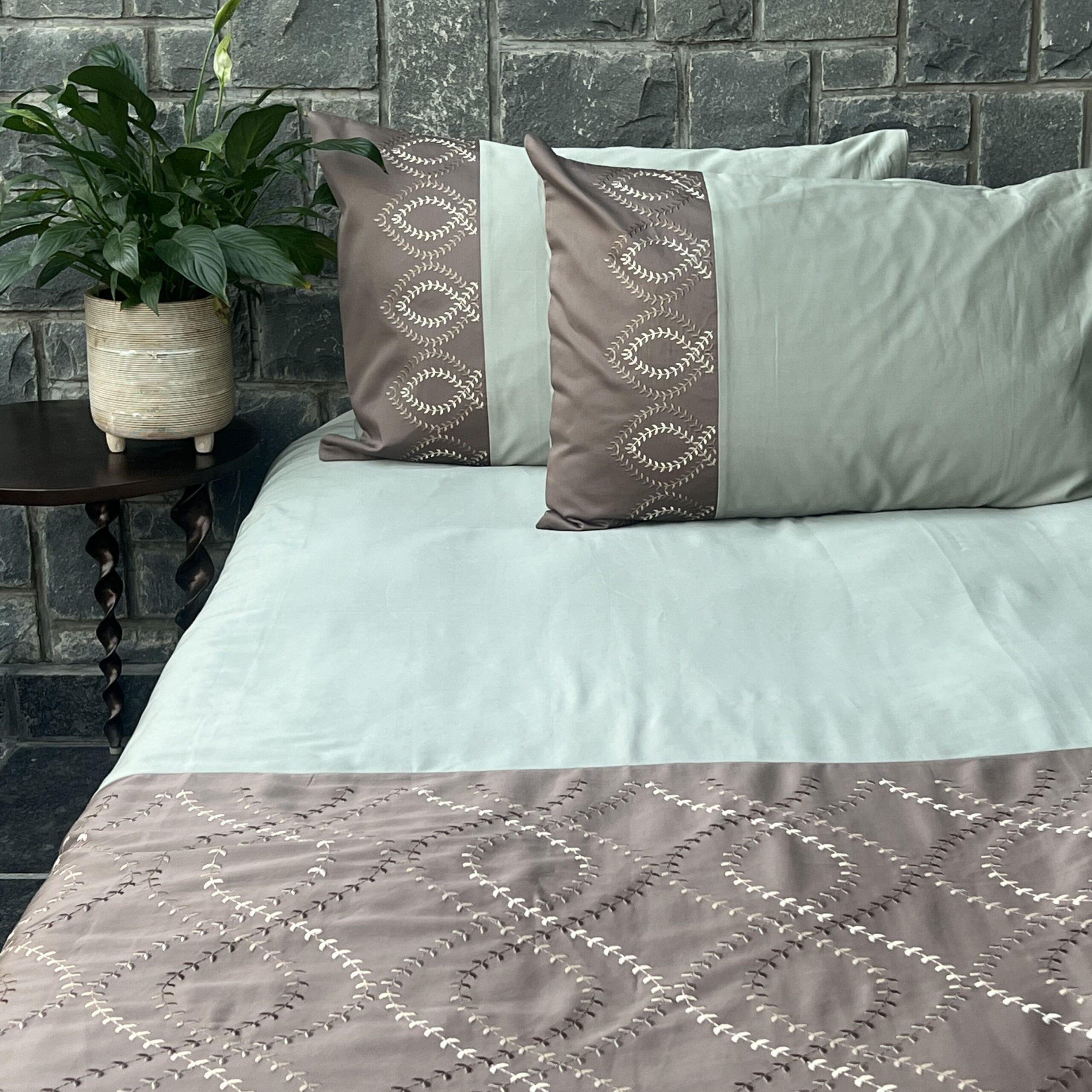 Exon Sage Green and Taupe Embroidered Bedsheet Set