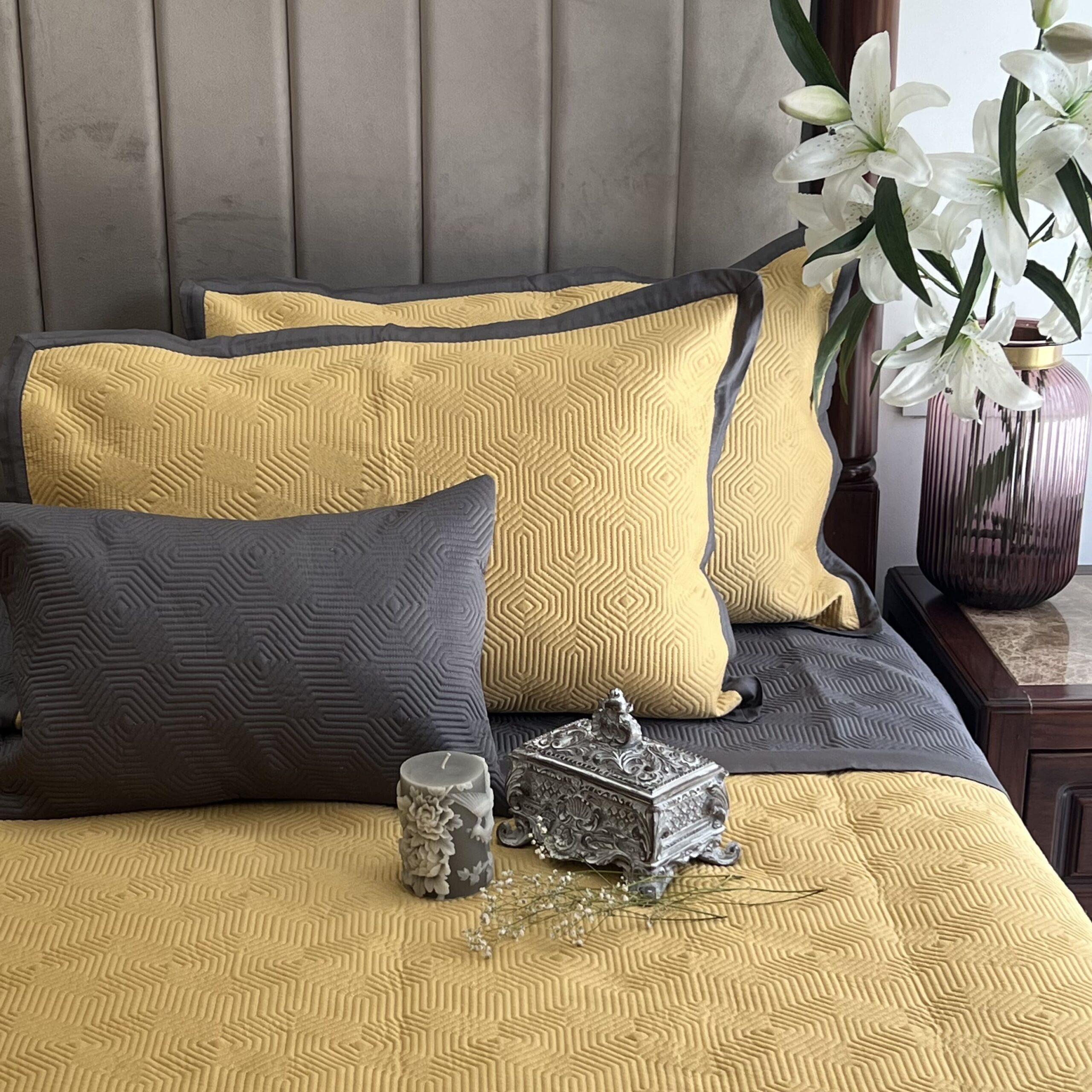 Buttercup Yellow and Dark Grey Diaco Cotton Reversible Bedspread