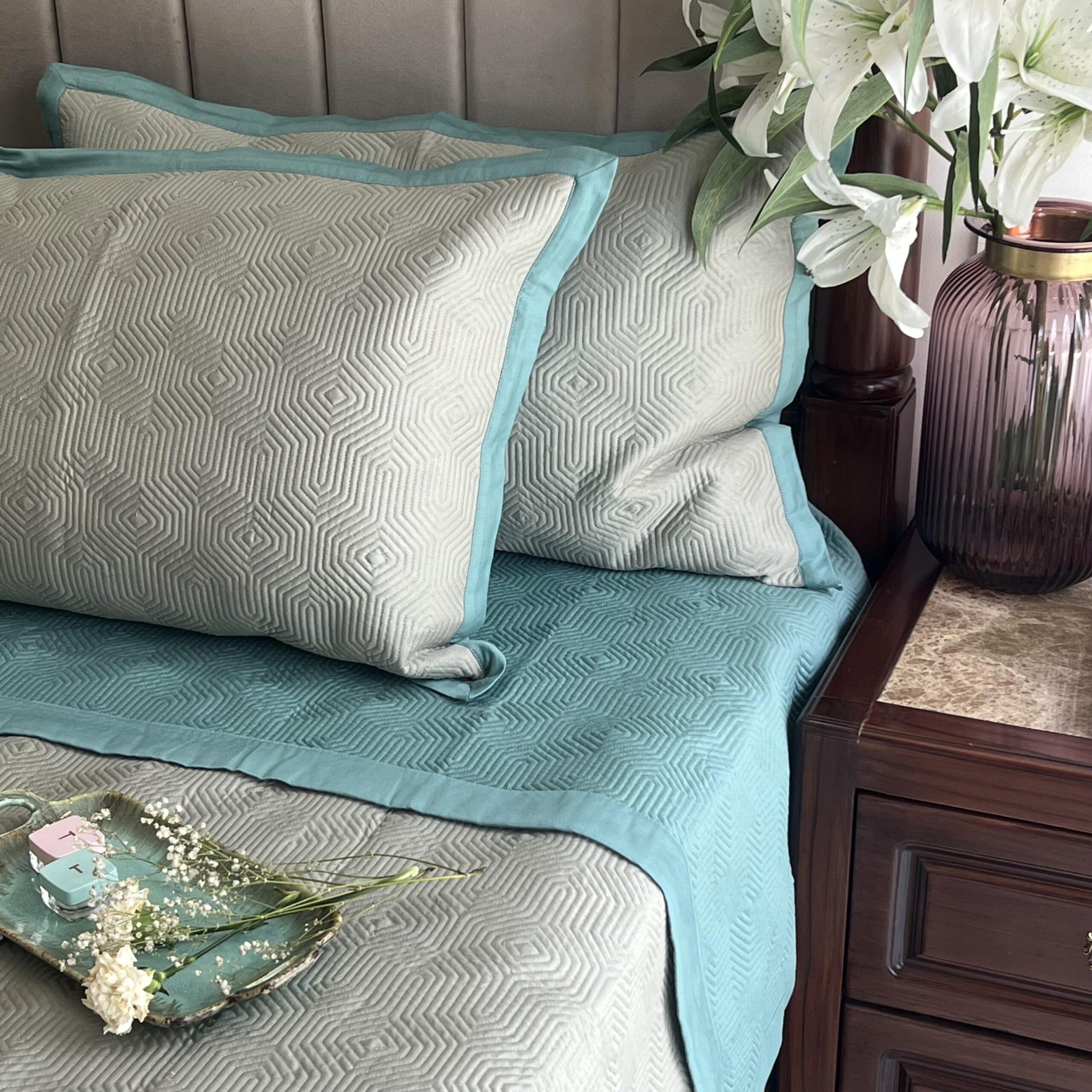 Sage Green and Turquoise Diaco Cotton Reversible Bedspread