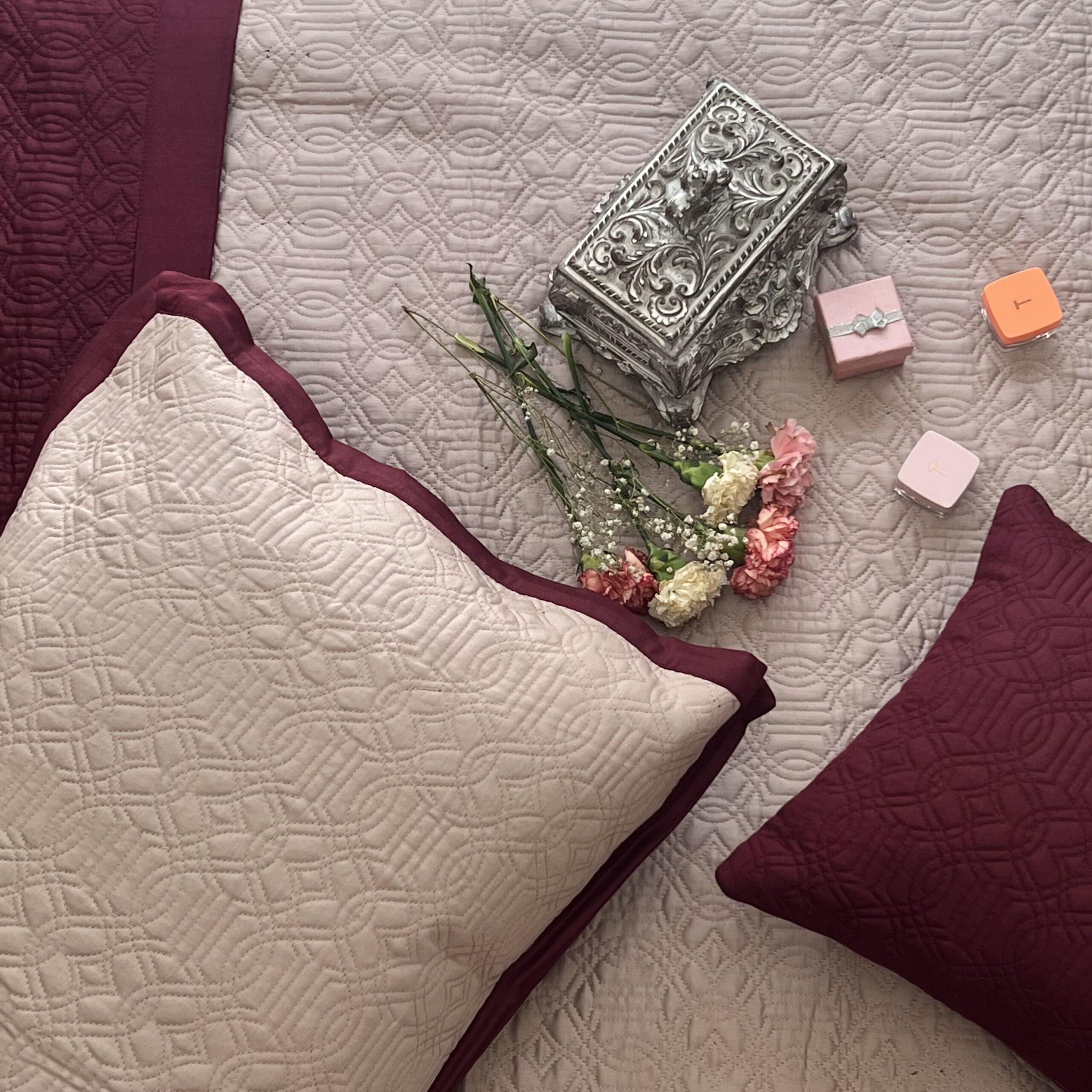 Buff and Maroon Imperial Cotton Reversible Bedspread