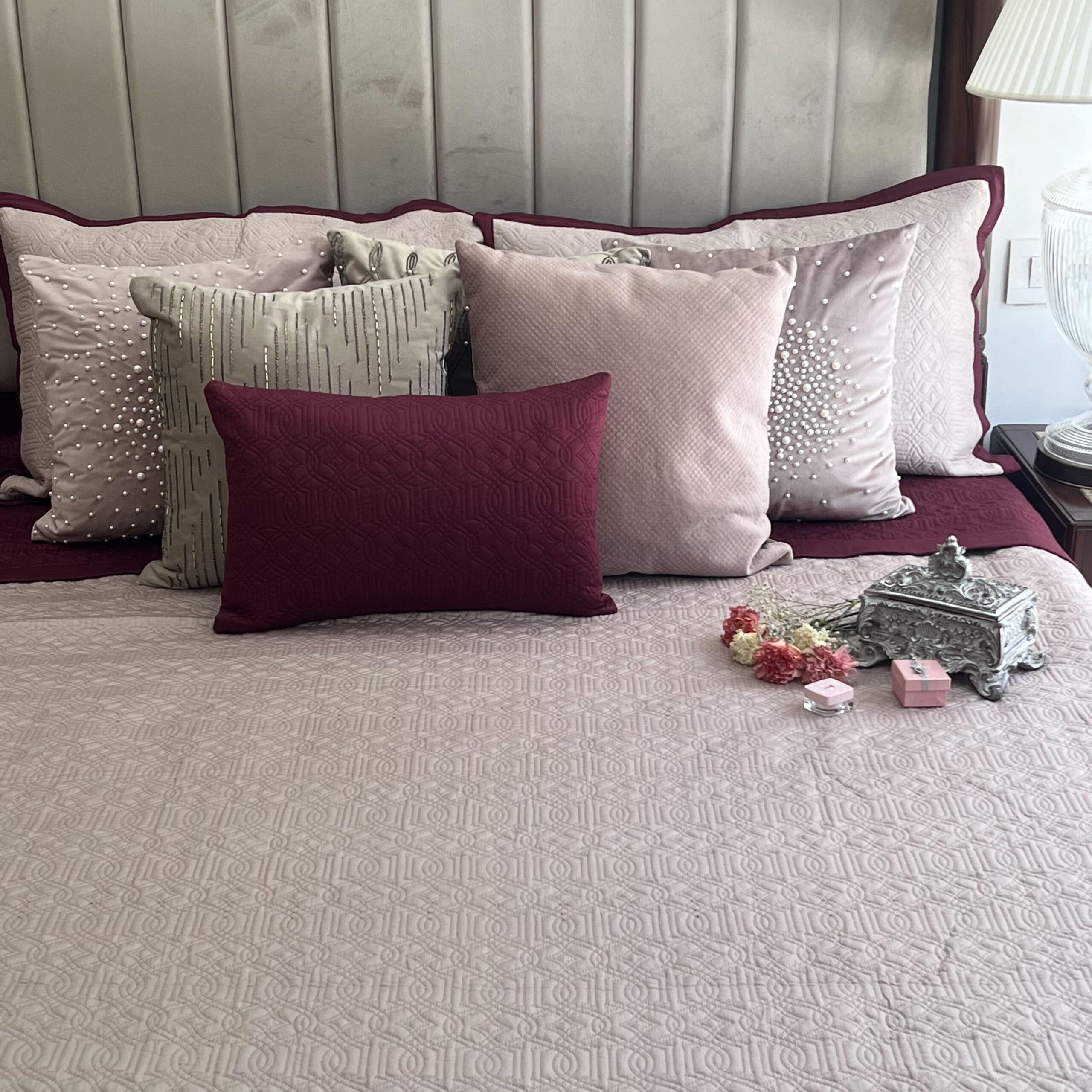 Buff and Maroon Imperial Cotton Reversible Bedspread