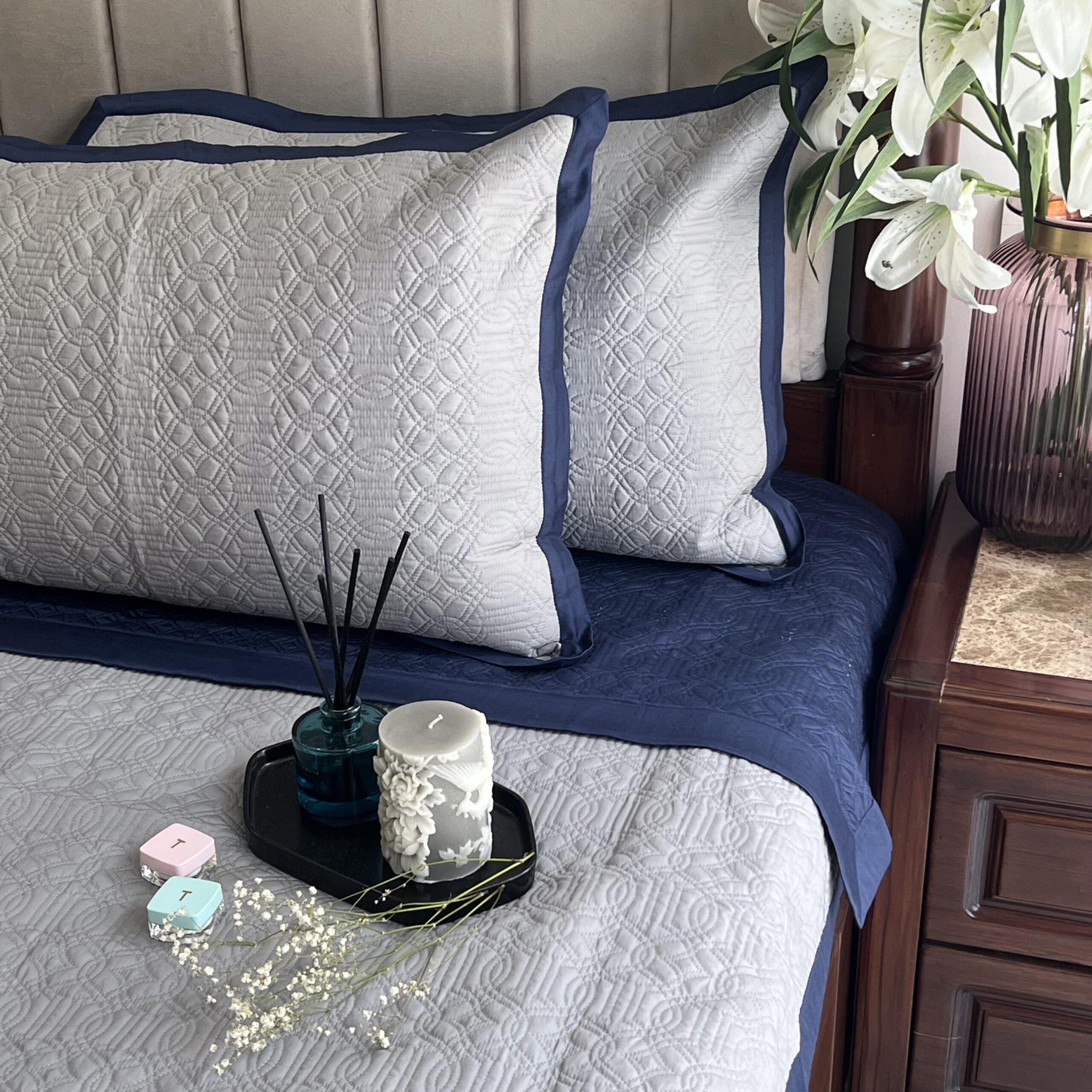 Navy and Grey Imperial Cotton Reversible Bedspread