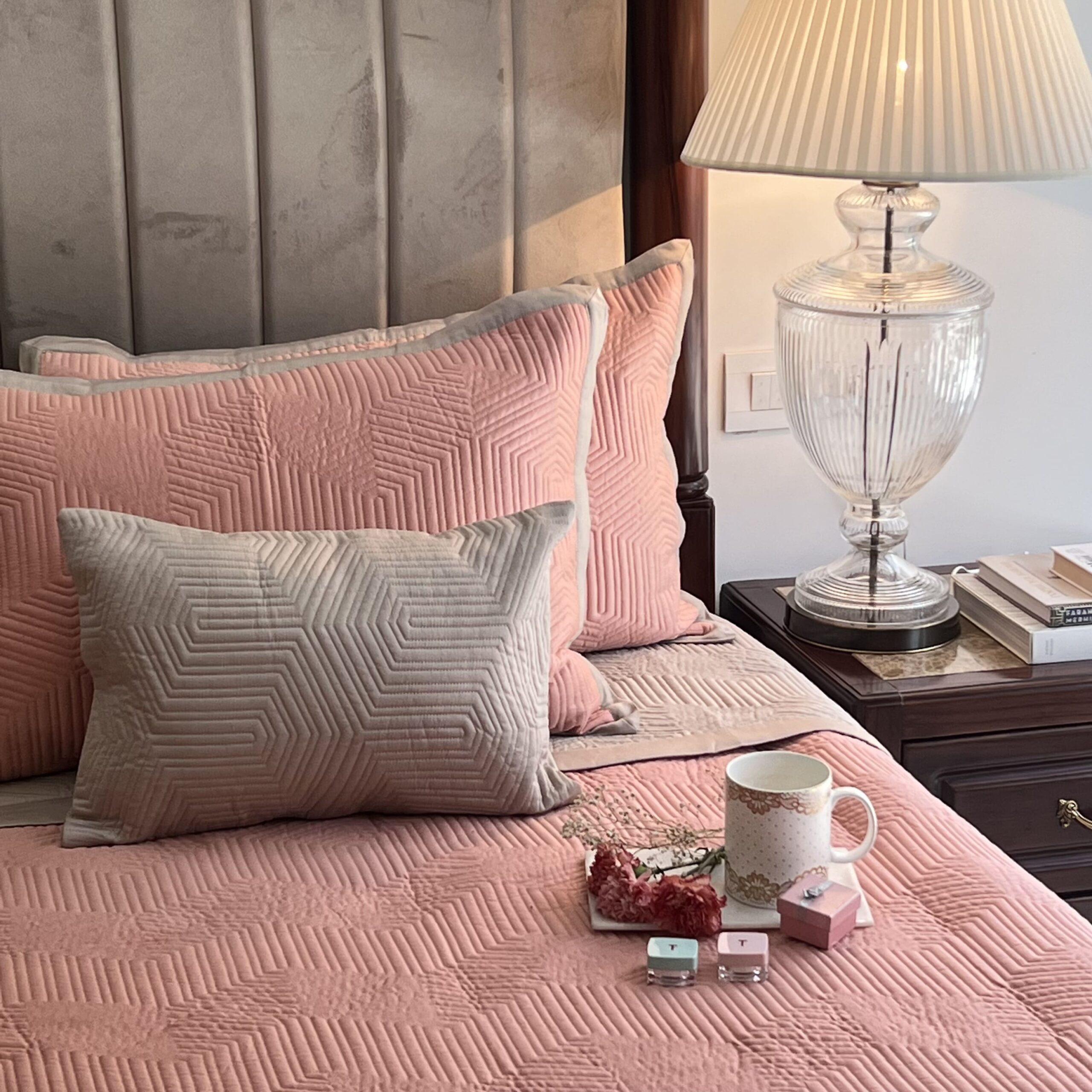 Coral and Beige Mosaic Cotton Reversible Bedspread