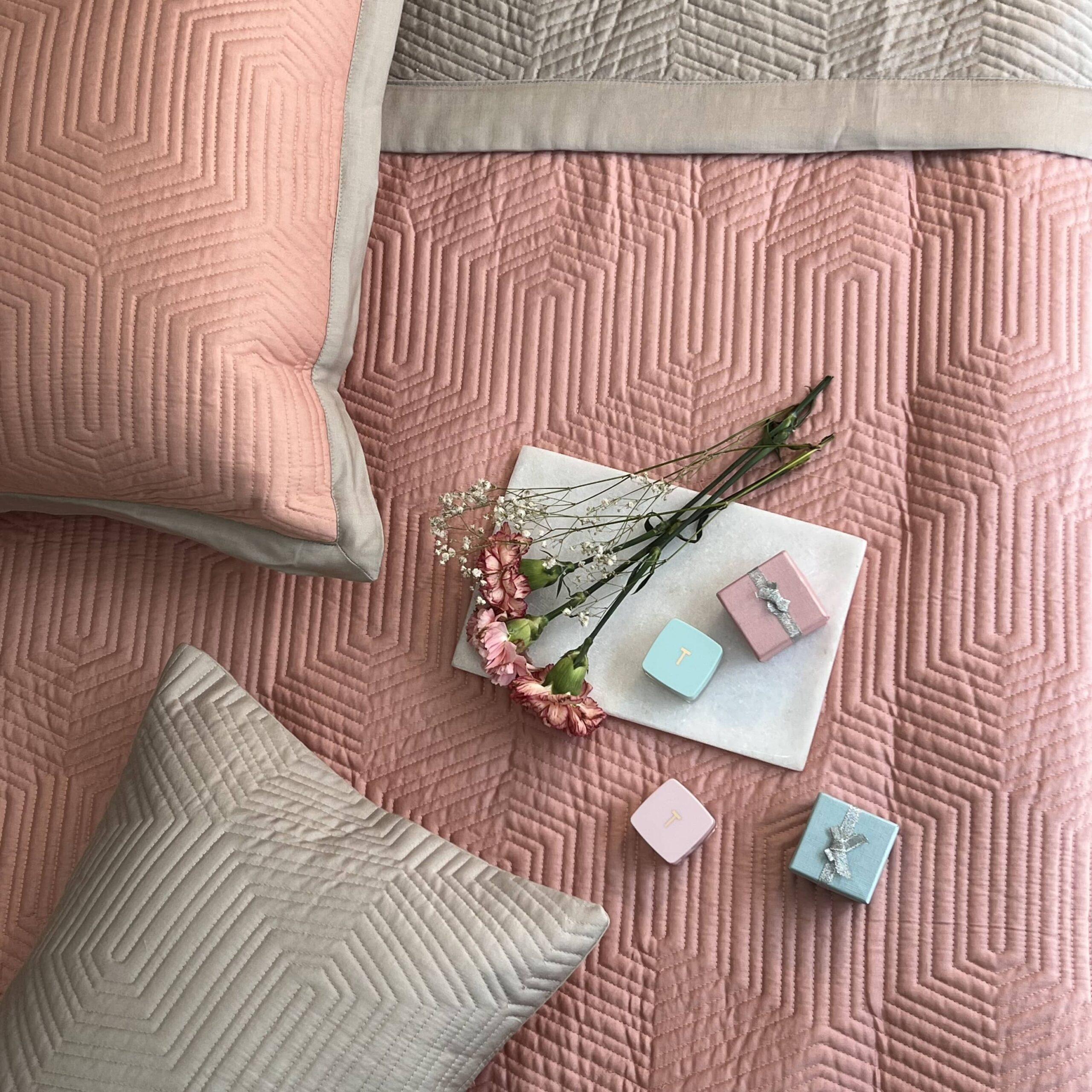 Coral and Beige Mosaic Cotton Reversible Bedspread