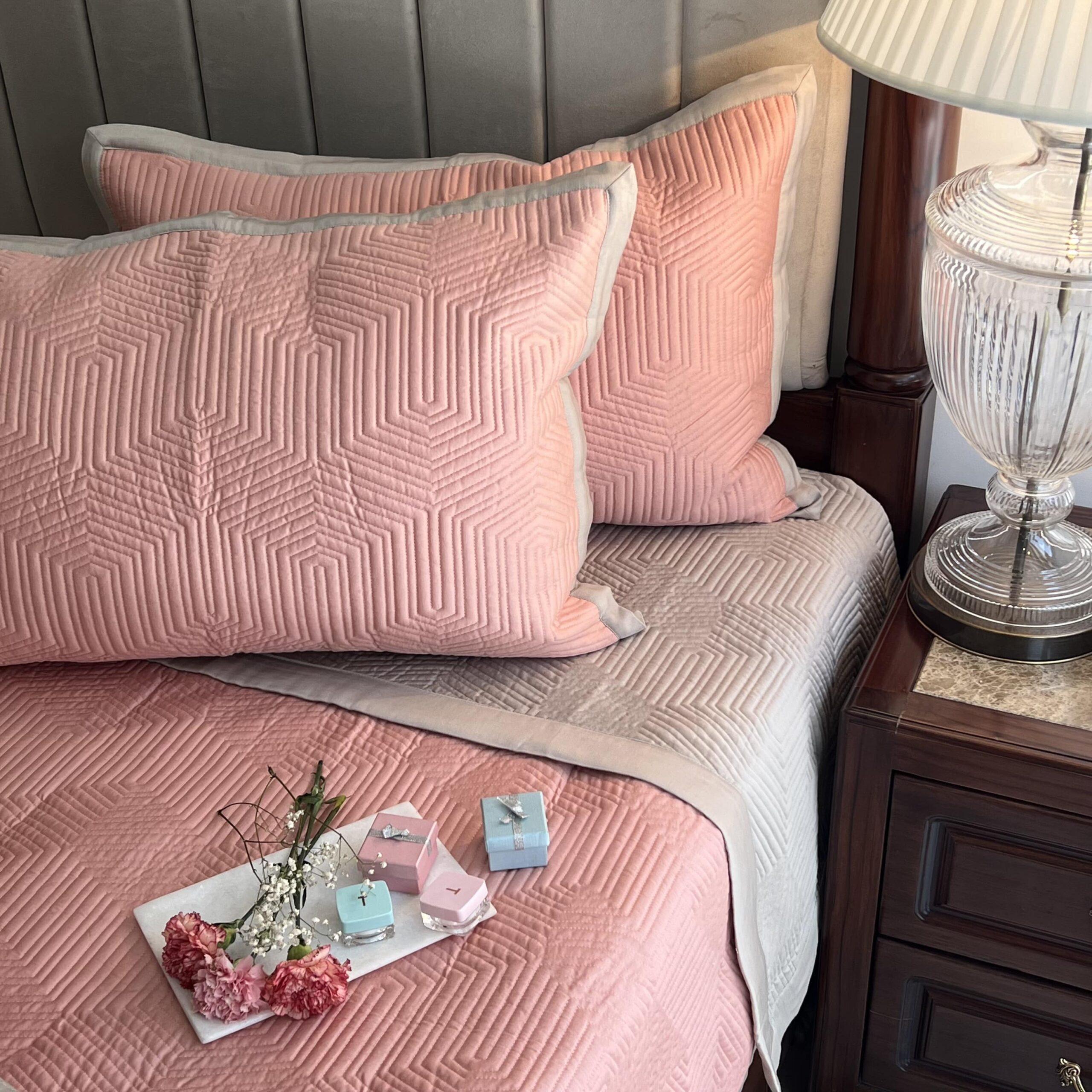 Coral and Beige Mosaic Cotton Reversible Bedspread