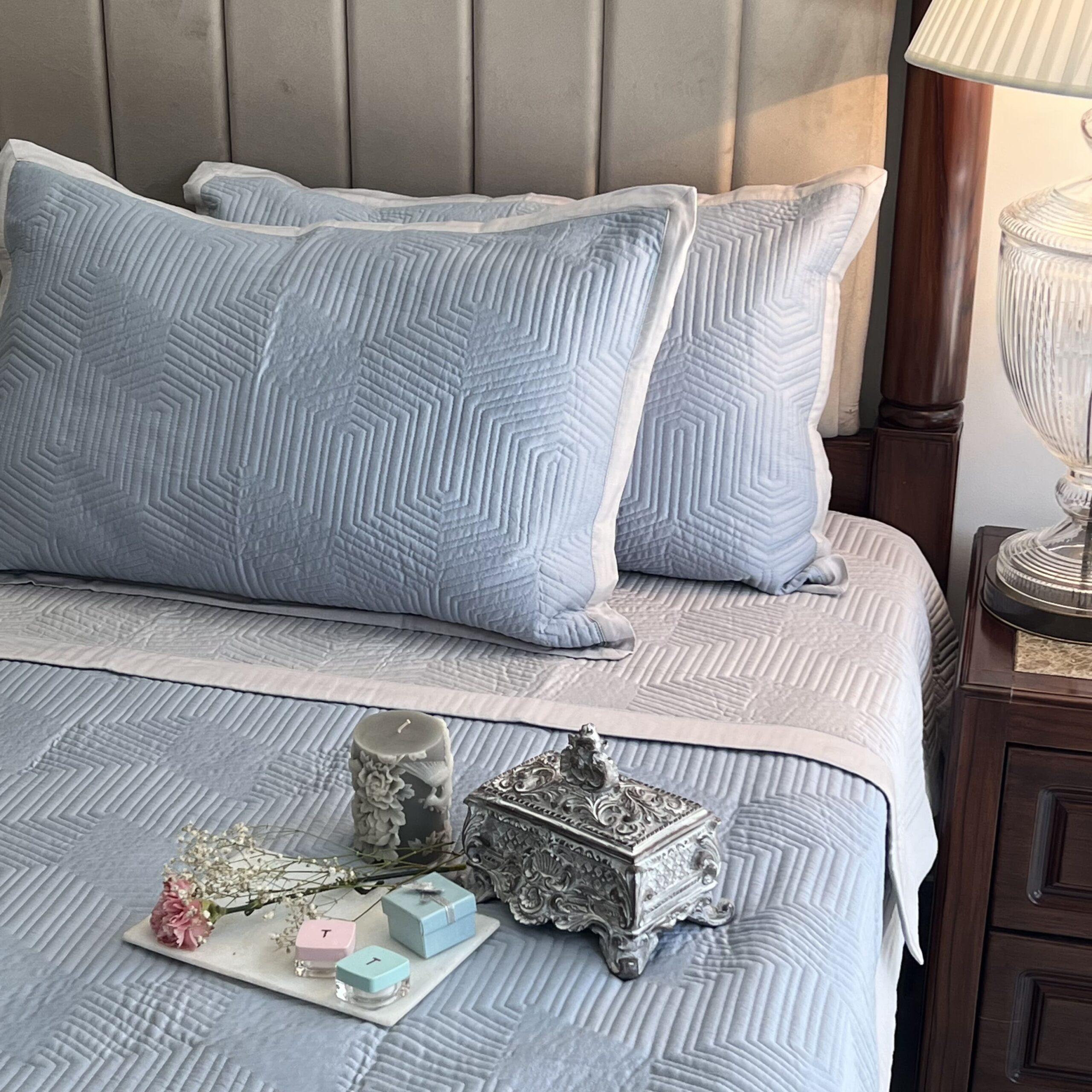 Smoke Blue and Grey Mosaic Cotton Reversible Bedspread