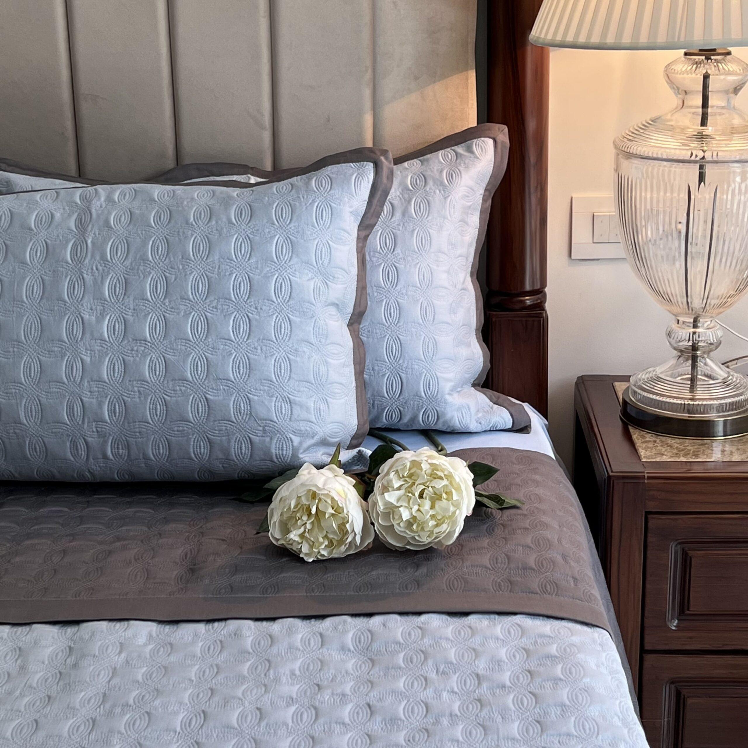 Smoke Blue and Dark Grey Orbit Cotton Reversible Bedspread