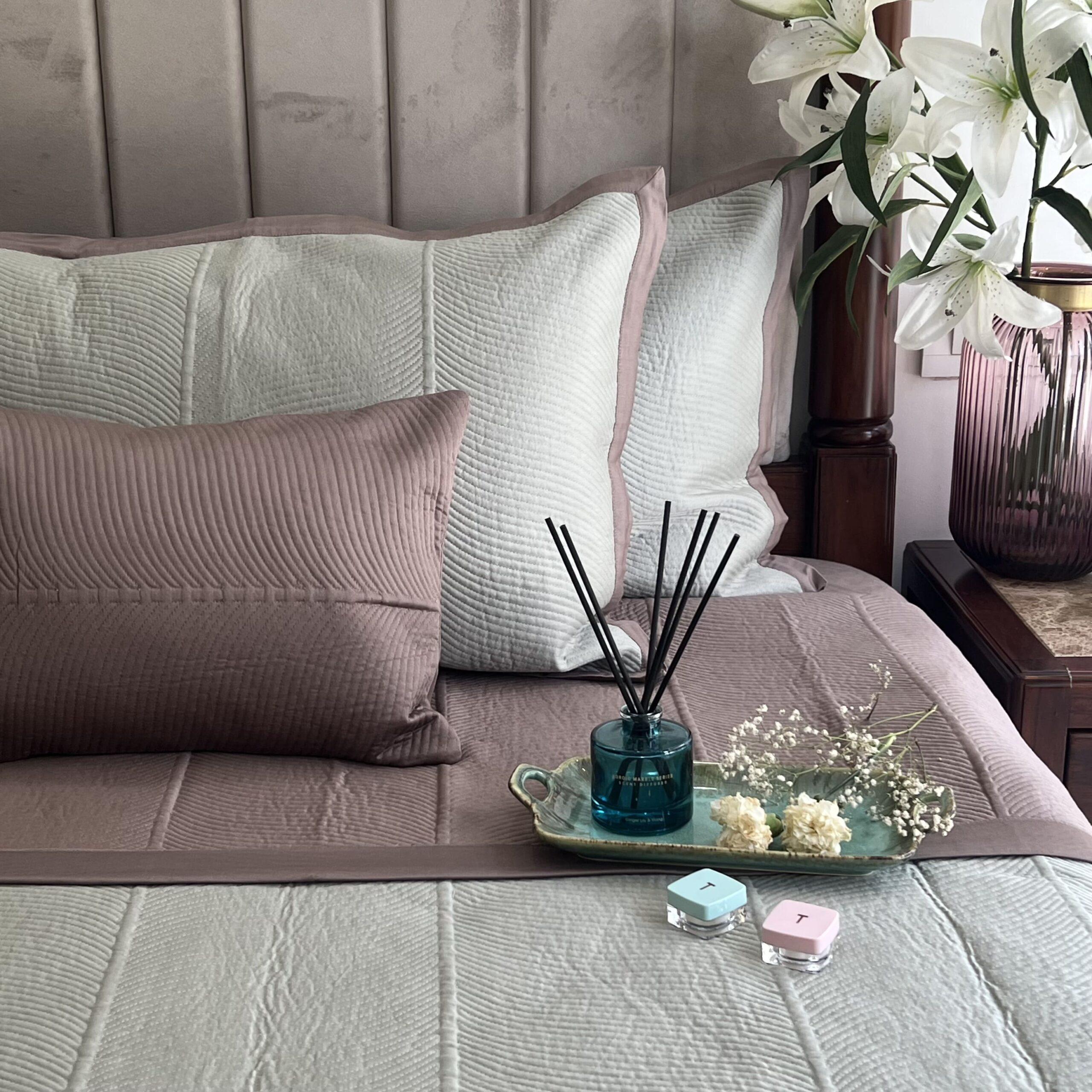 Sage Green and Taupe Rosette Cotton Reversible Bedspread
