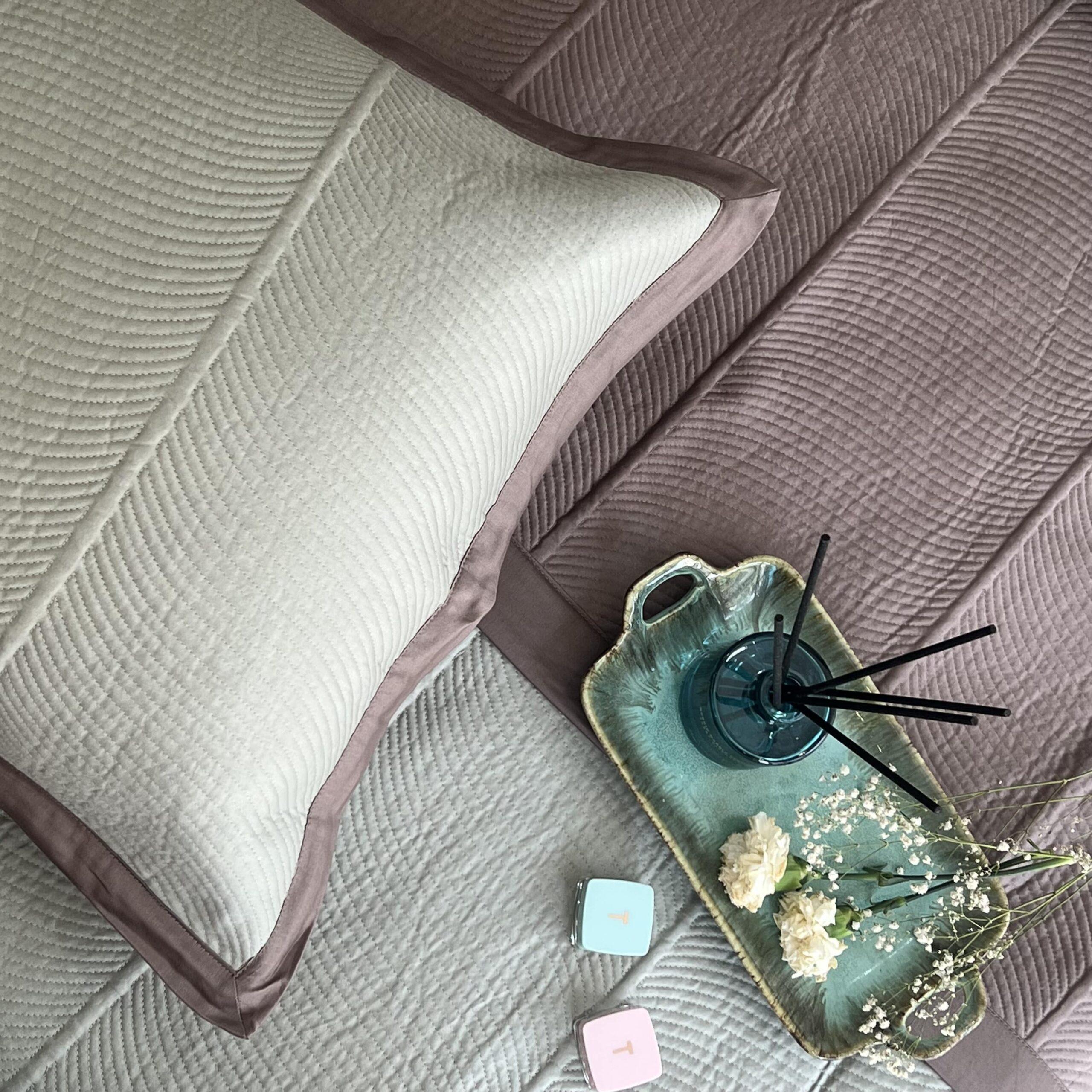 Sage Green and Taupe Rosette Cotton Reversible Bedspread