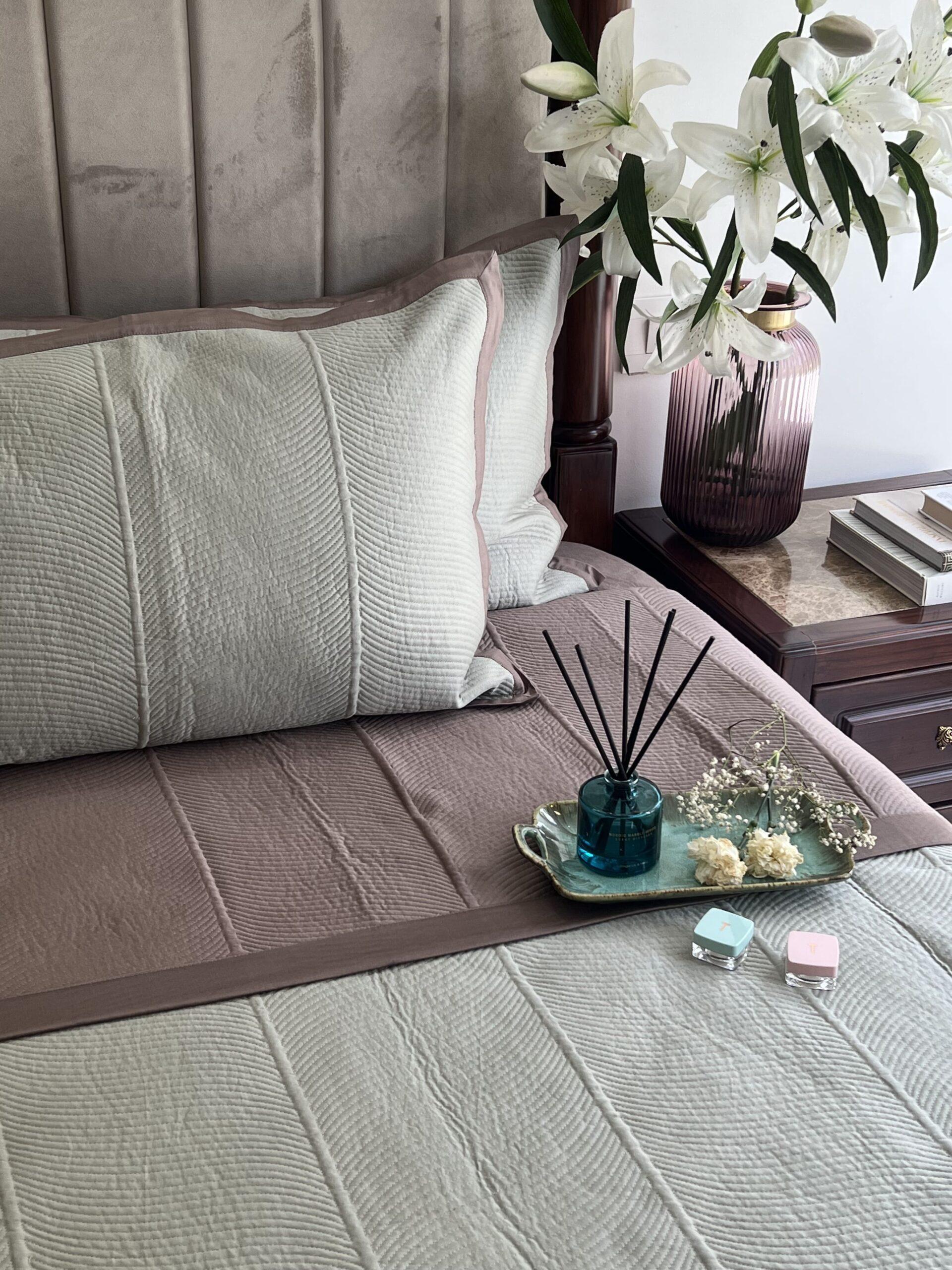 Sage Green and Taupe Rosette Cotton Reversible Bedspread