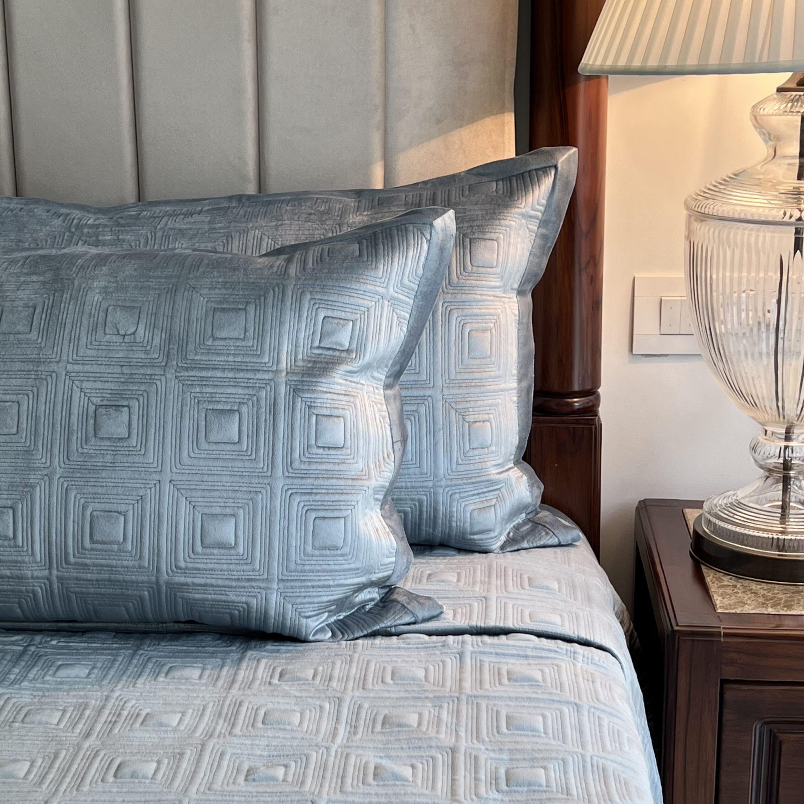 Squared Powder Blue Velvet Bedspread