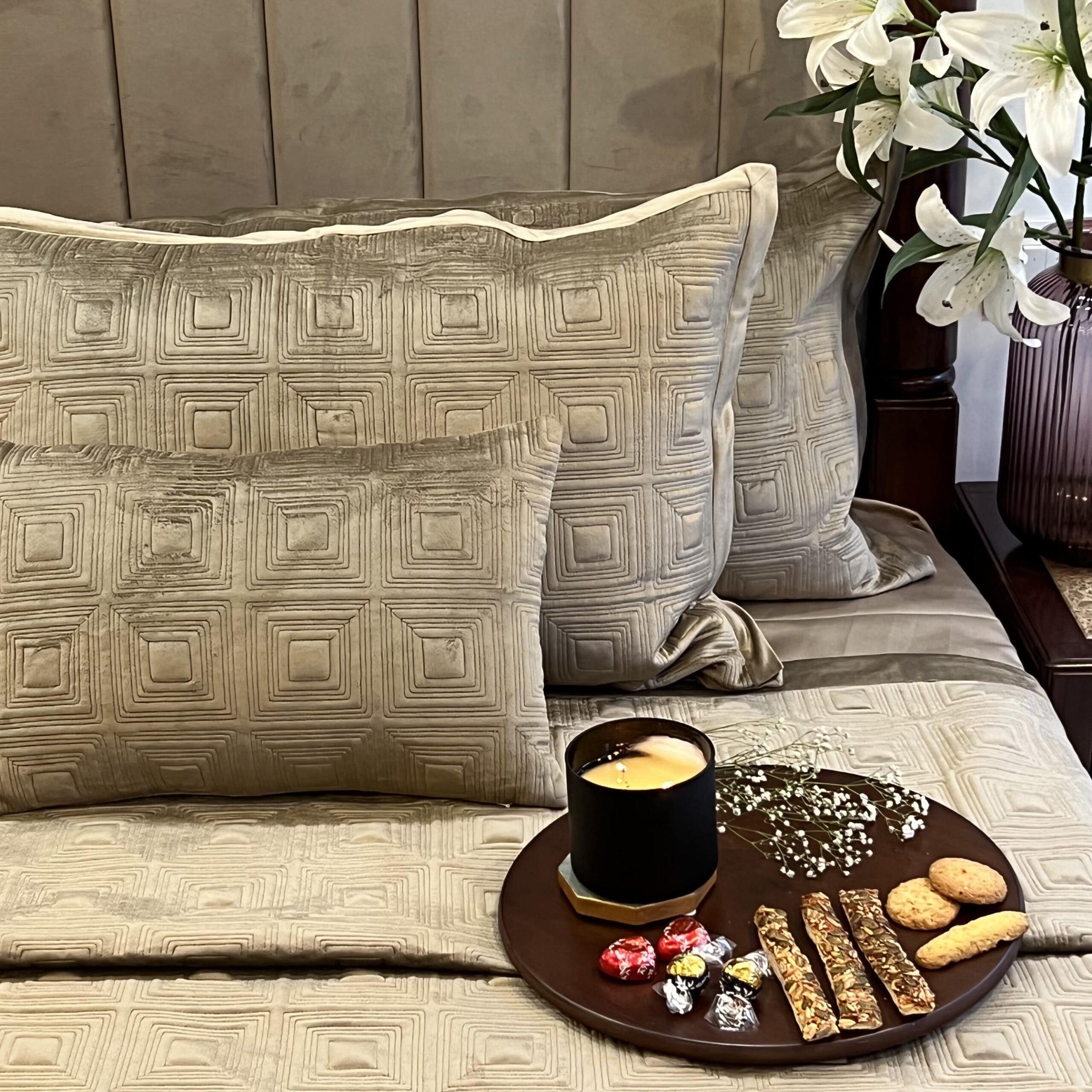 Squared Rose Gold Velvet Bedspread