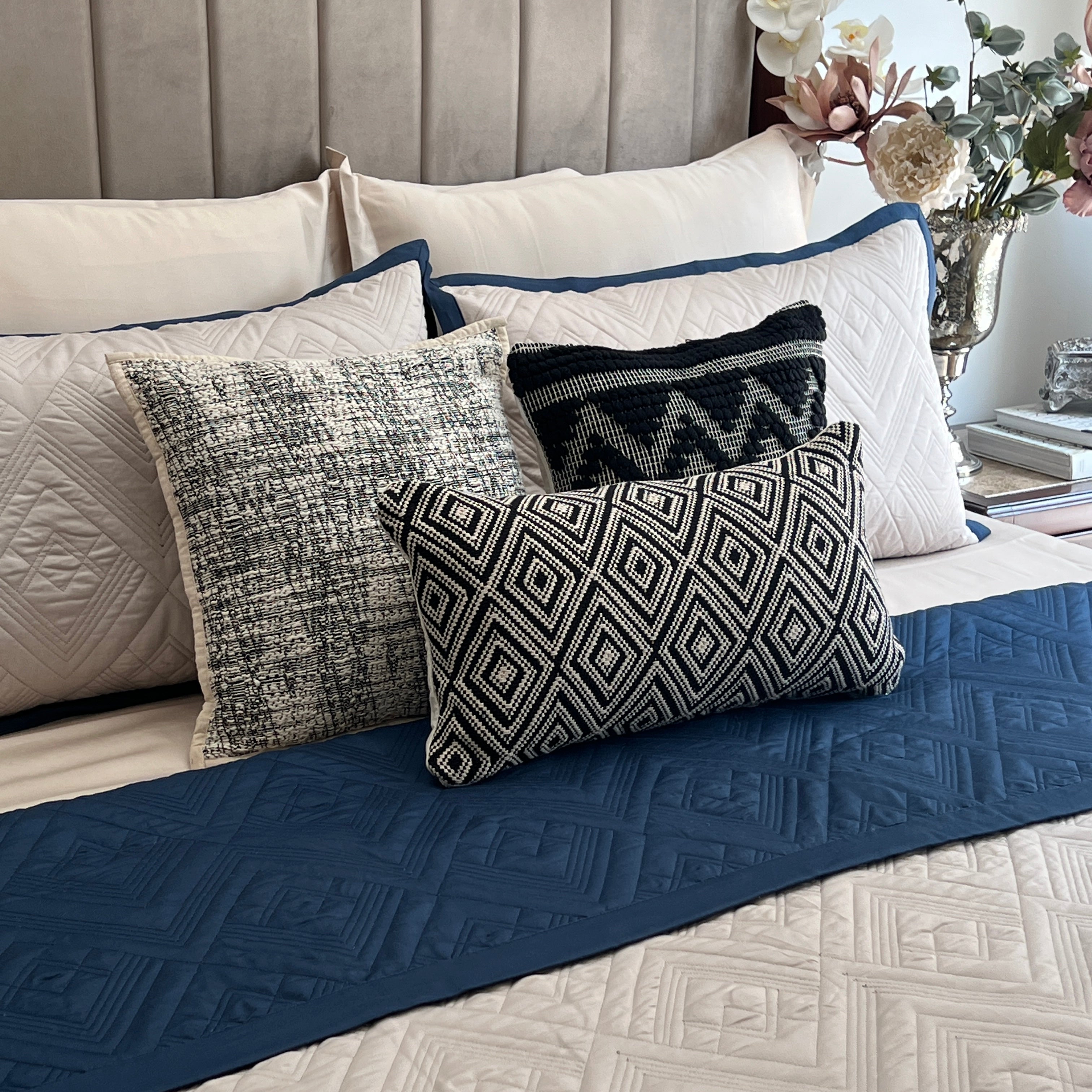 Quilted Navy and Ivory Cliff Reversible Bedspread