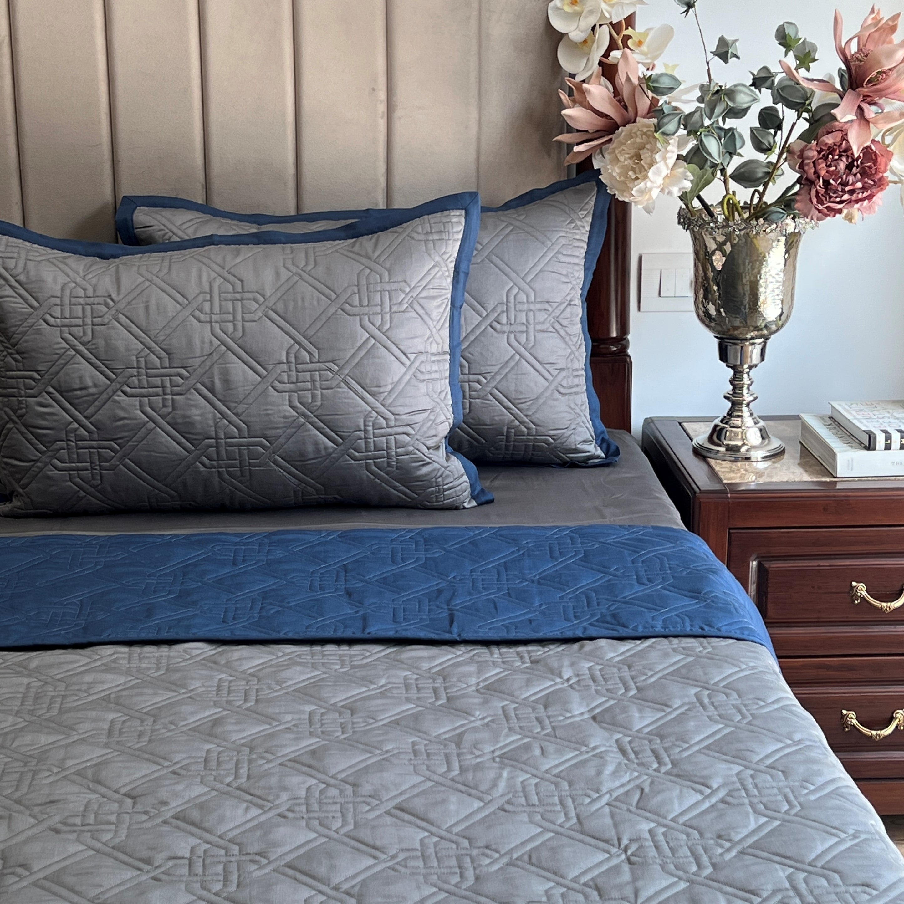 Quilted Navy and Dark Grey Gizmo Reversible Bedspread