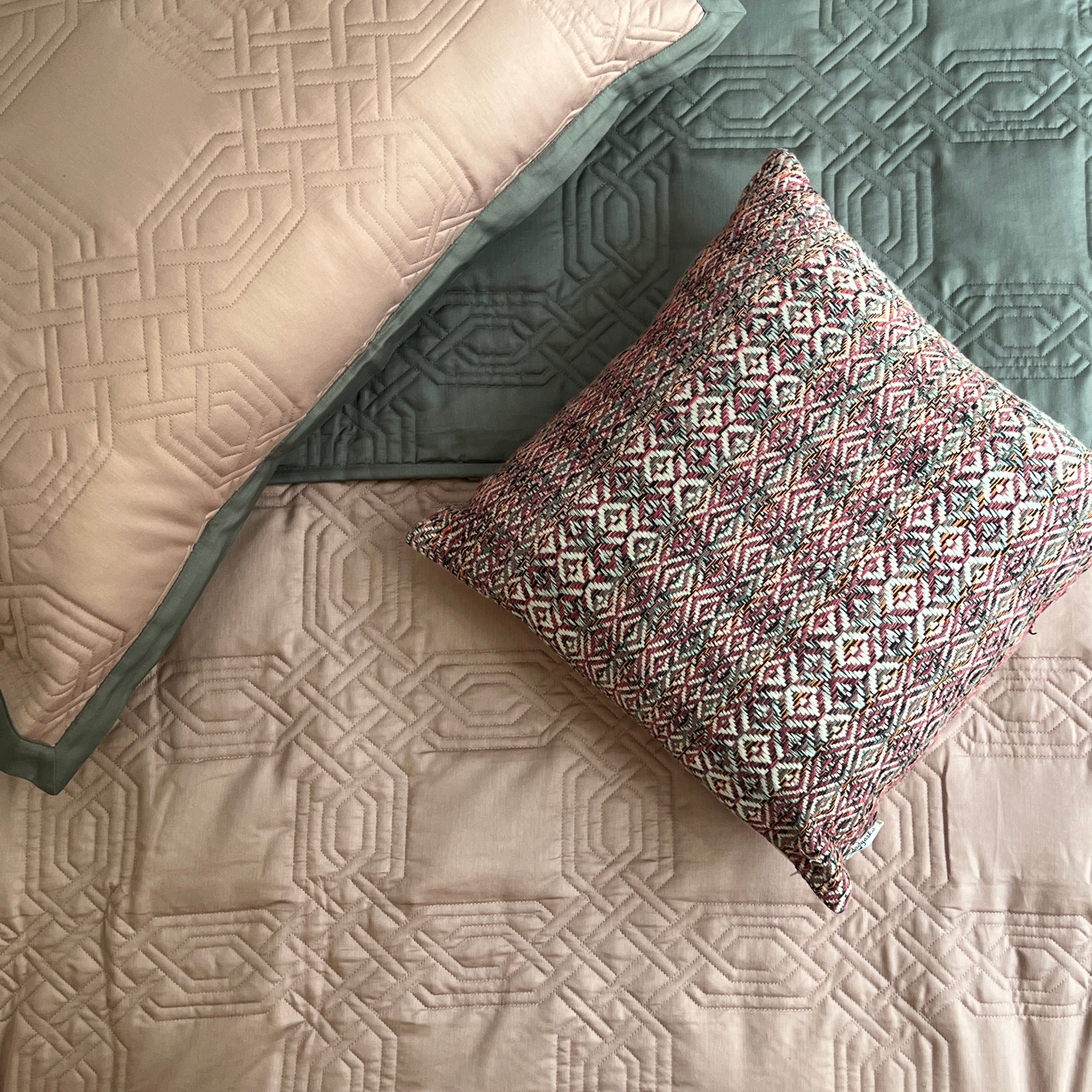 Quilted Old Rose and Dark Grey Ornate Reversible Bedspread