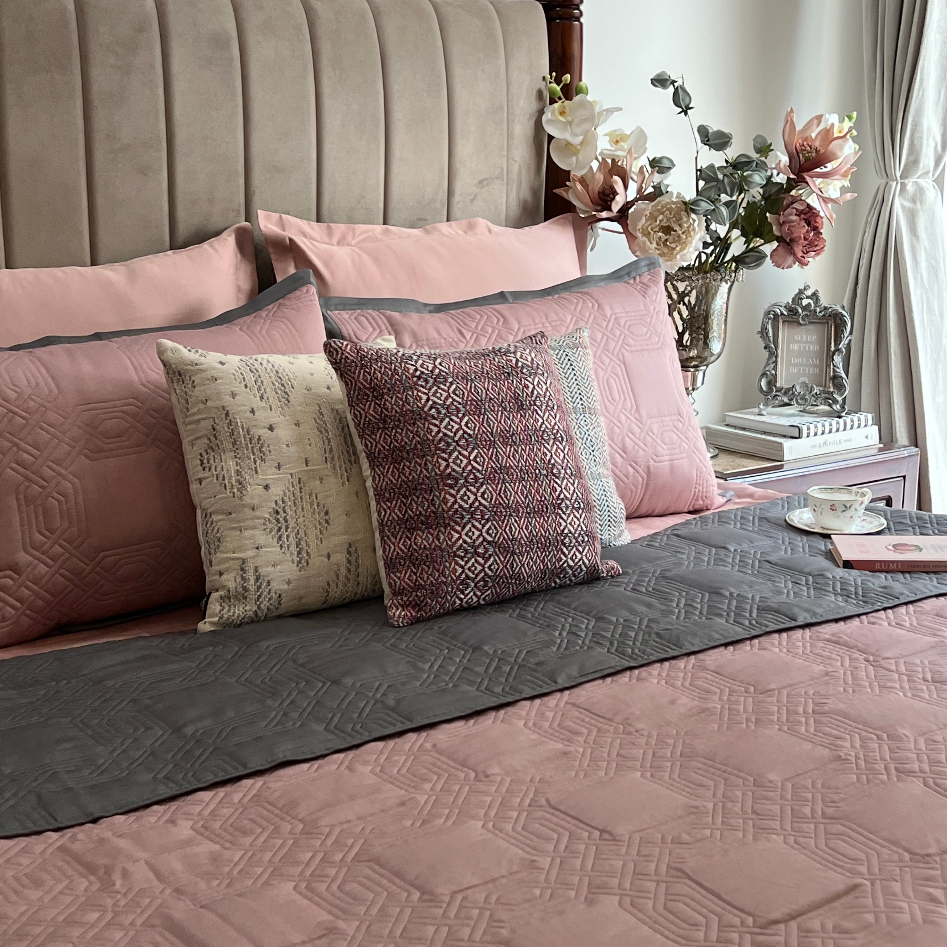 Quilted Old Rose and Dark Grey Ornate Reversible Bedspread