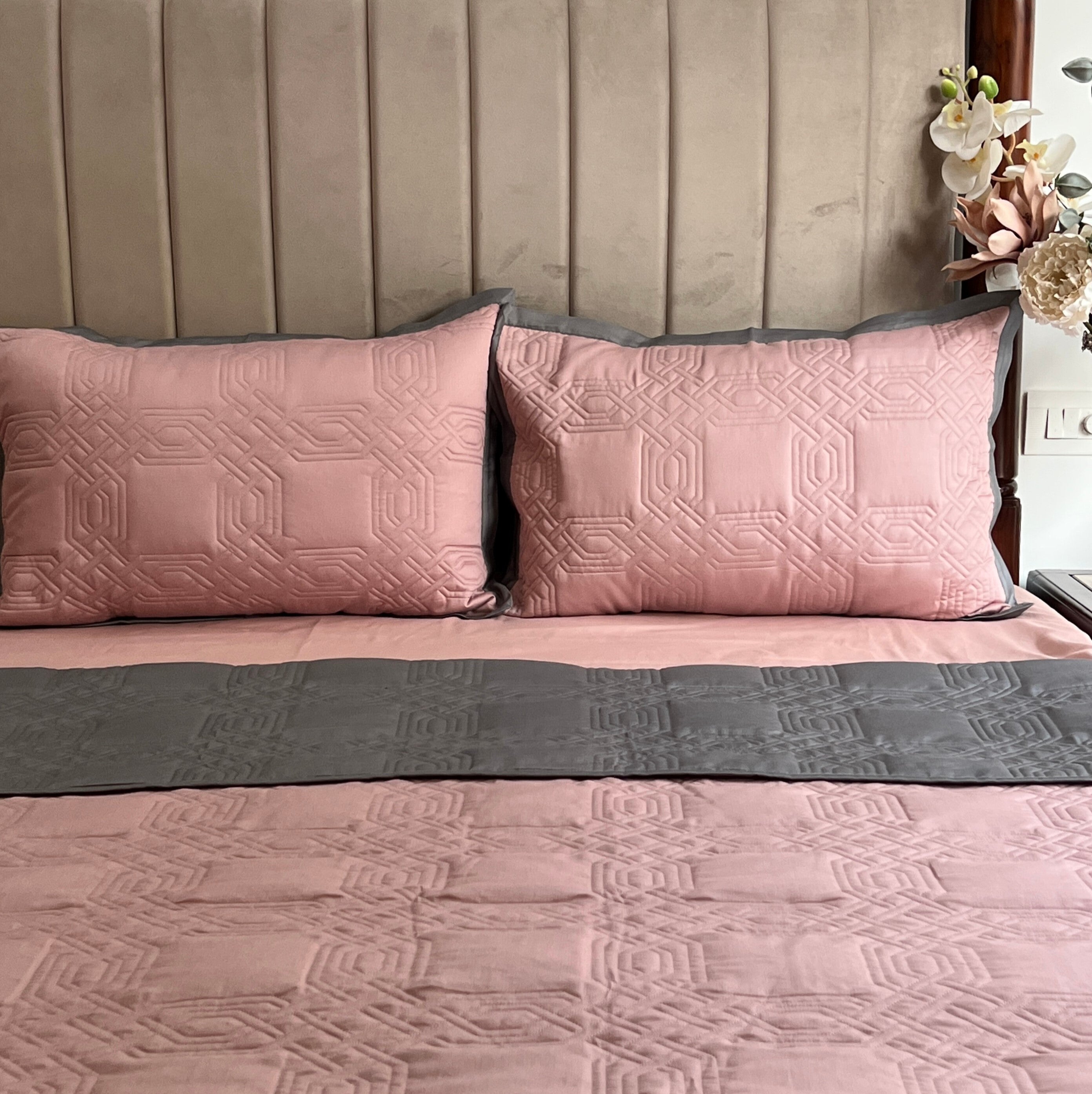 Quilted Old Rose and Dark Grey Ornate Reversible Bedspread