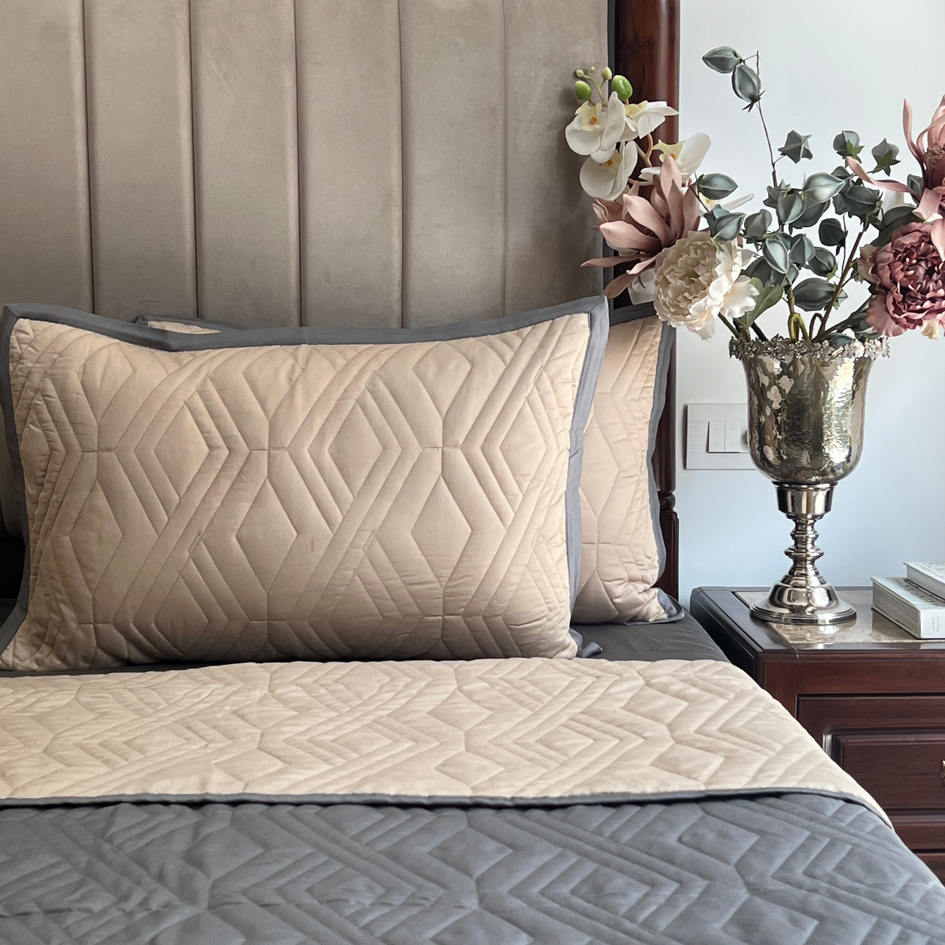 Quilted Sand and Dark Grey Rhombic Reversible Bedspread