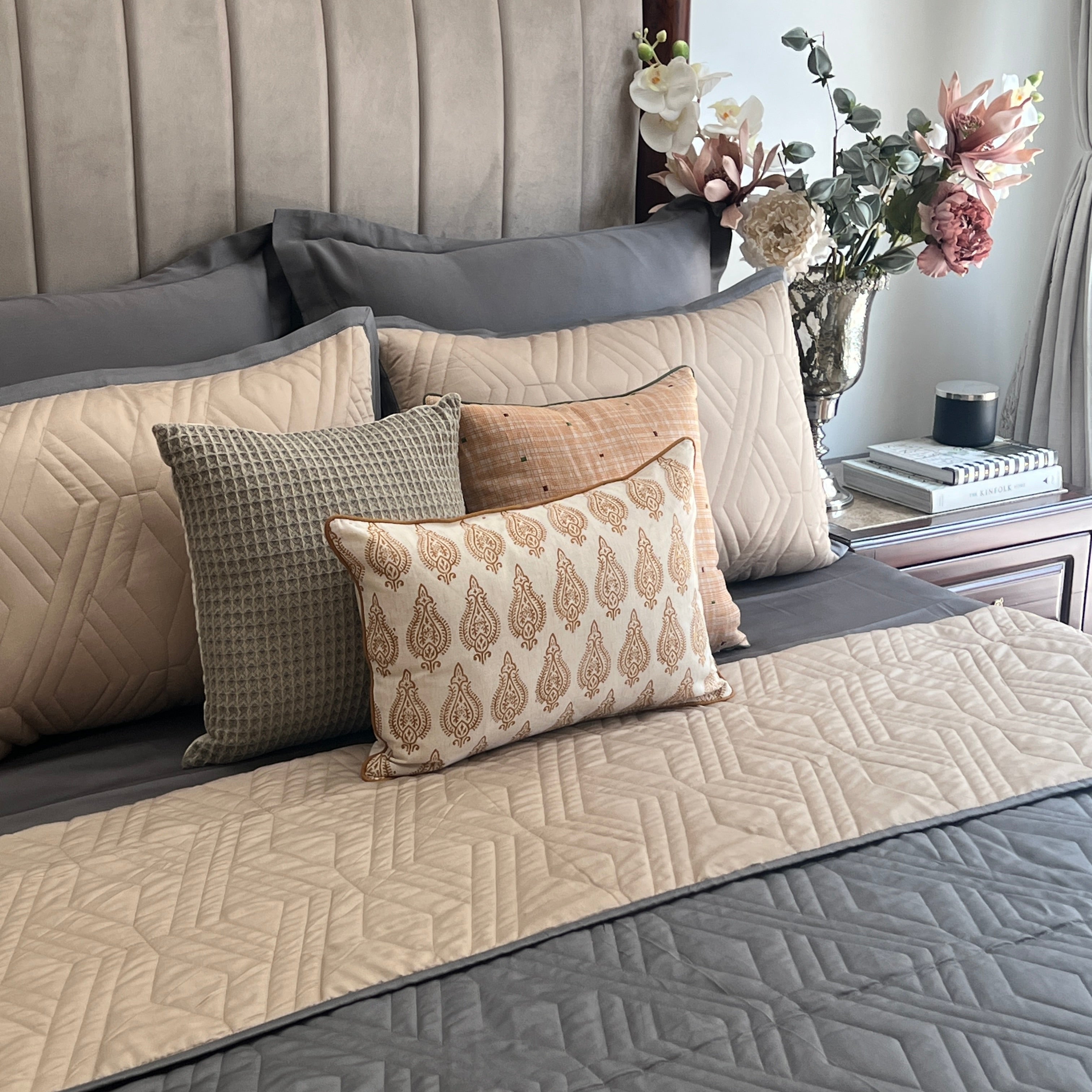 Quilted Sand and Dark Grey Rhombic Reversible Bedspread
