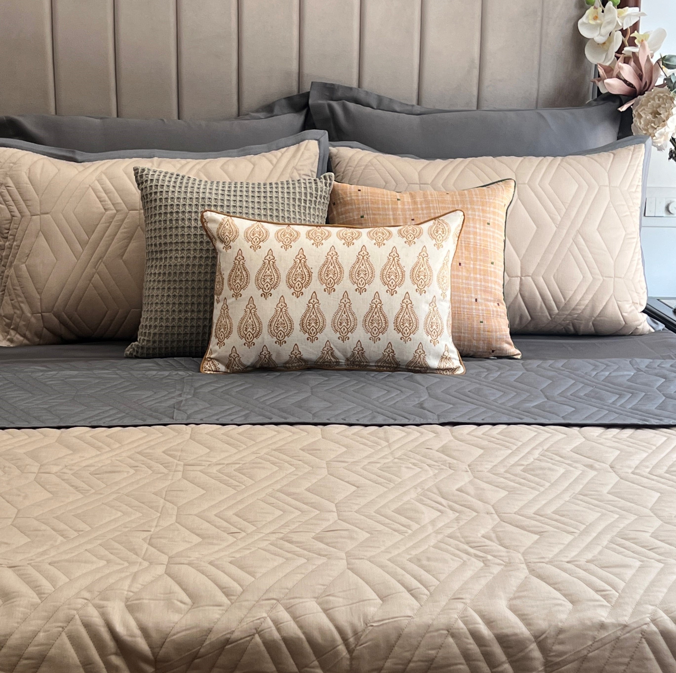 Quilted Sand and Dark Grey Rhombic Reversible Bedspread