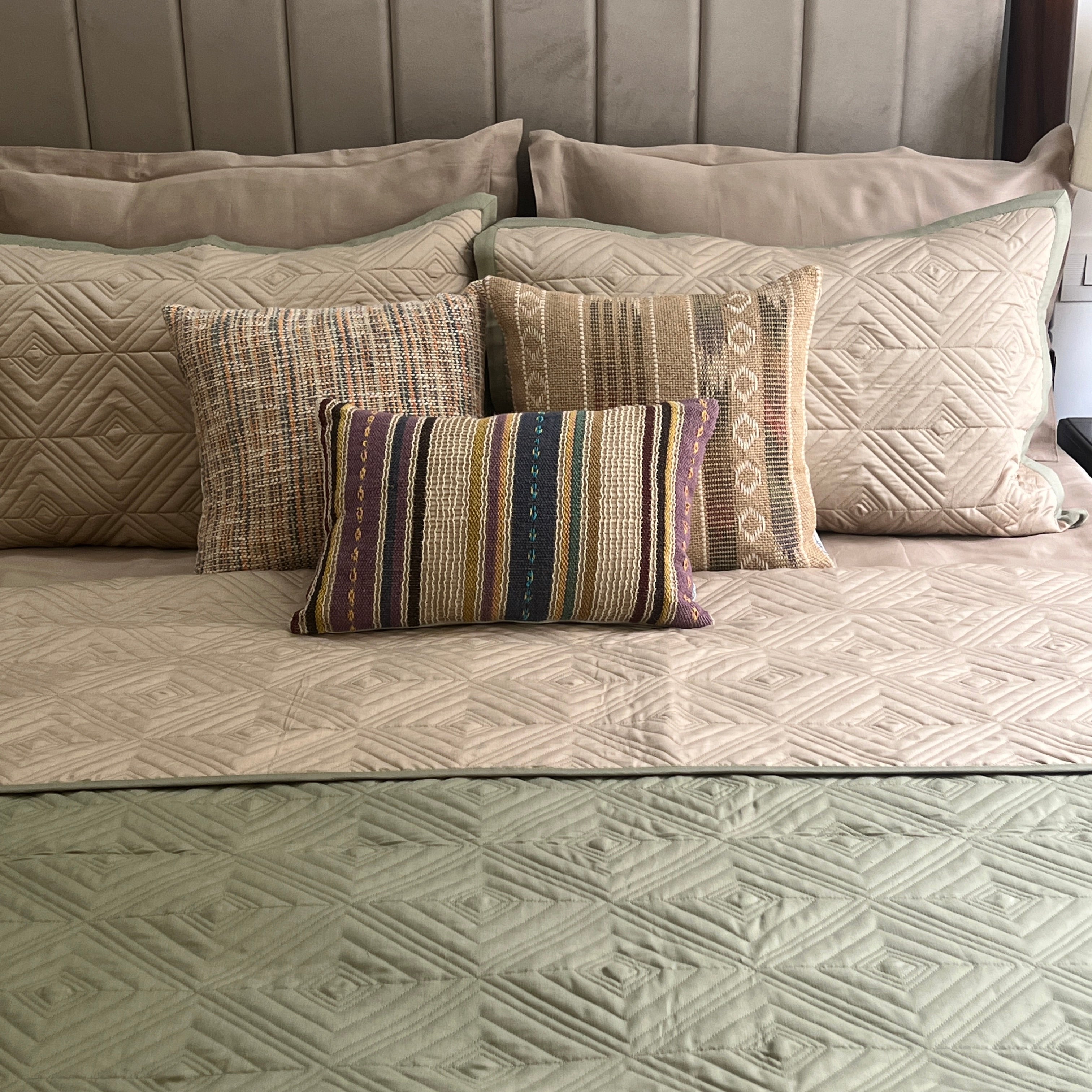 Quilted Forest Green and Sand Ripple Reversible Bedspread