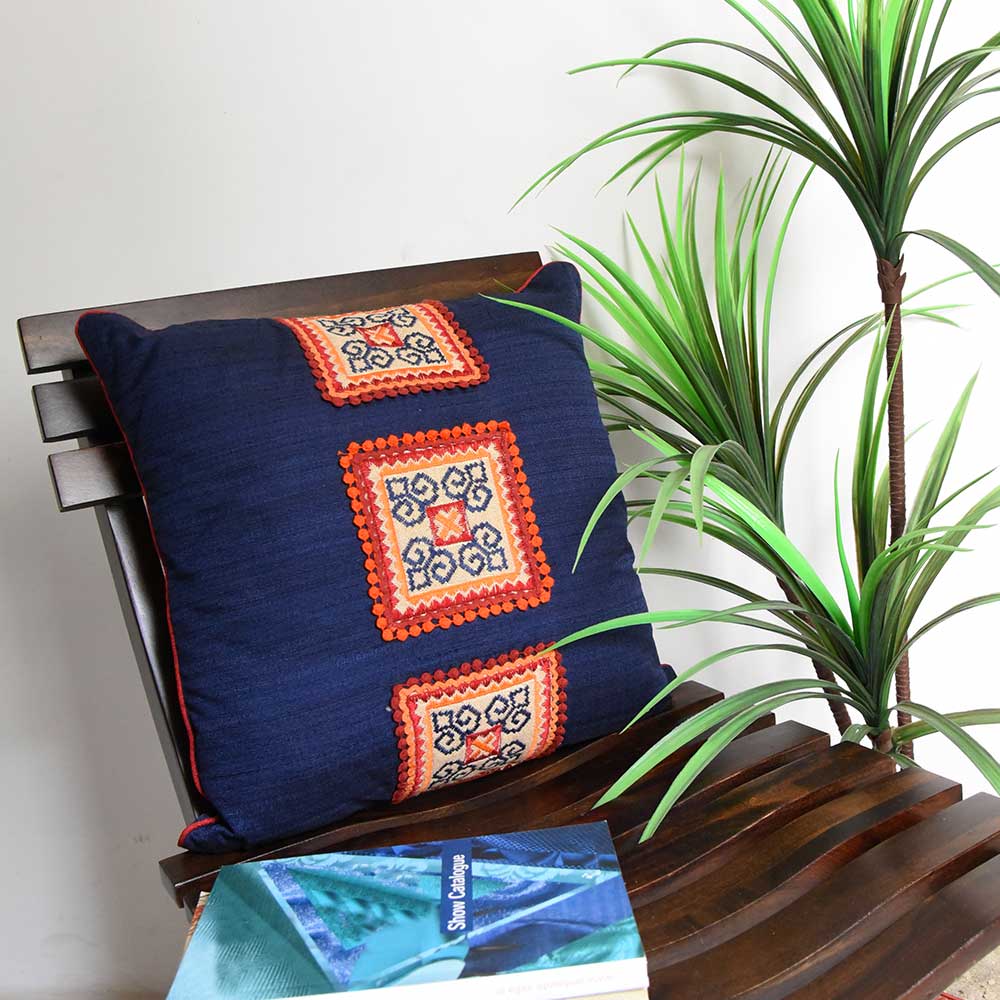 Sadyaska Blue Designer Silk Dupion Cushion Cover 16x16 Embroidered Patch with Border Piping Cushion Case…