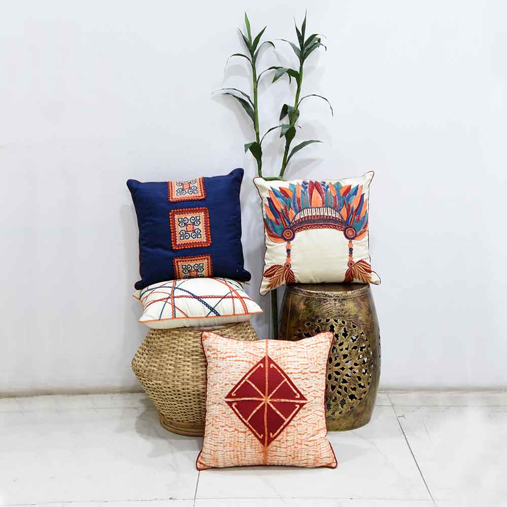 Sadyaska Blue Designer Silk Dupion Cushion Cover 16x16 Embroidered Patch with Border Piping Cushion Case…