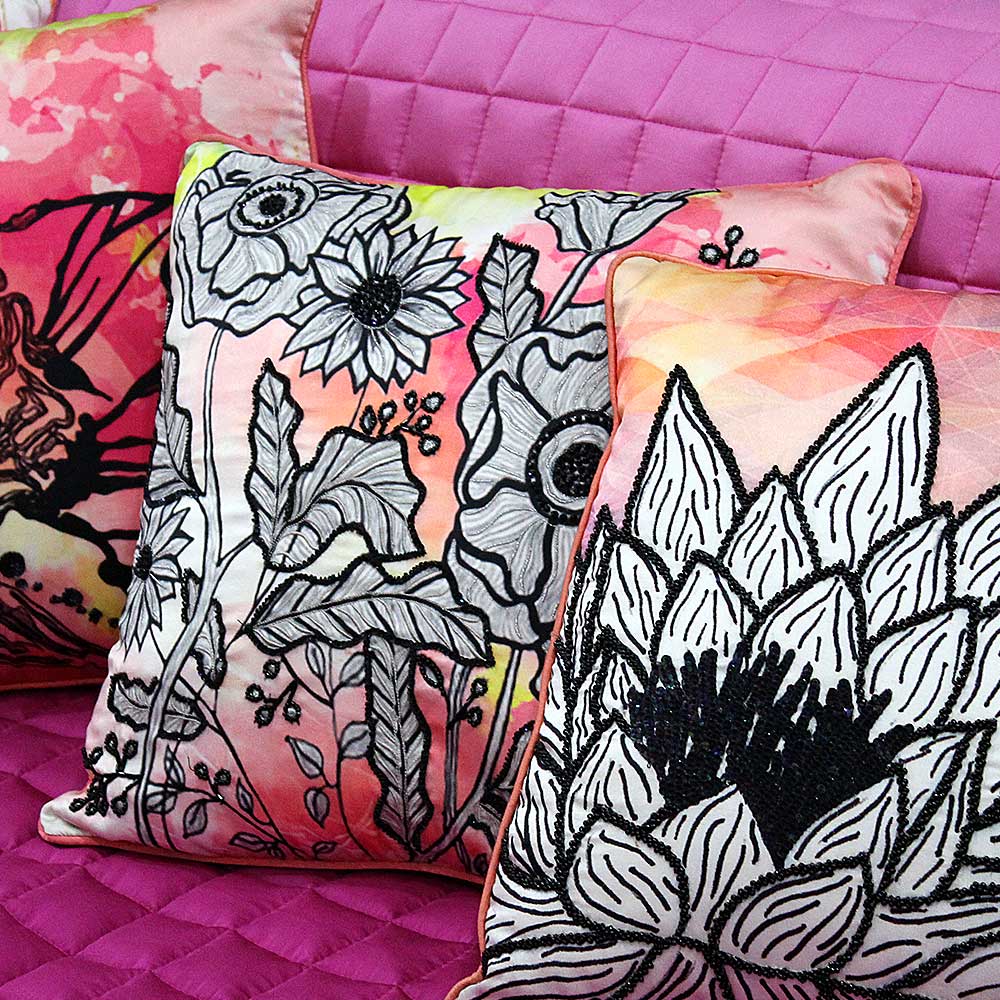 Digital Floral Printed Polyester Cushion Cover Hand & Manual Embroidered Premium Quality Cushion Cover Orange 16" X 16"…