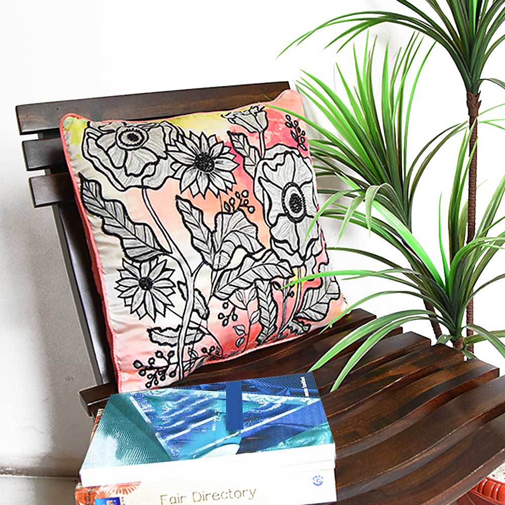 Digital Floral Printed Polyester Cushion Cover Hand & Manual Embroidered Premium Quality Cushion Cover Orange 16" X 16"…