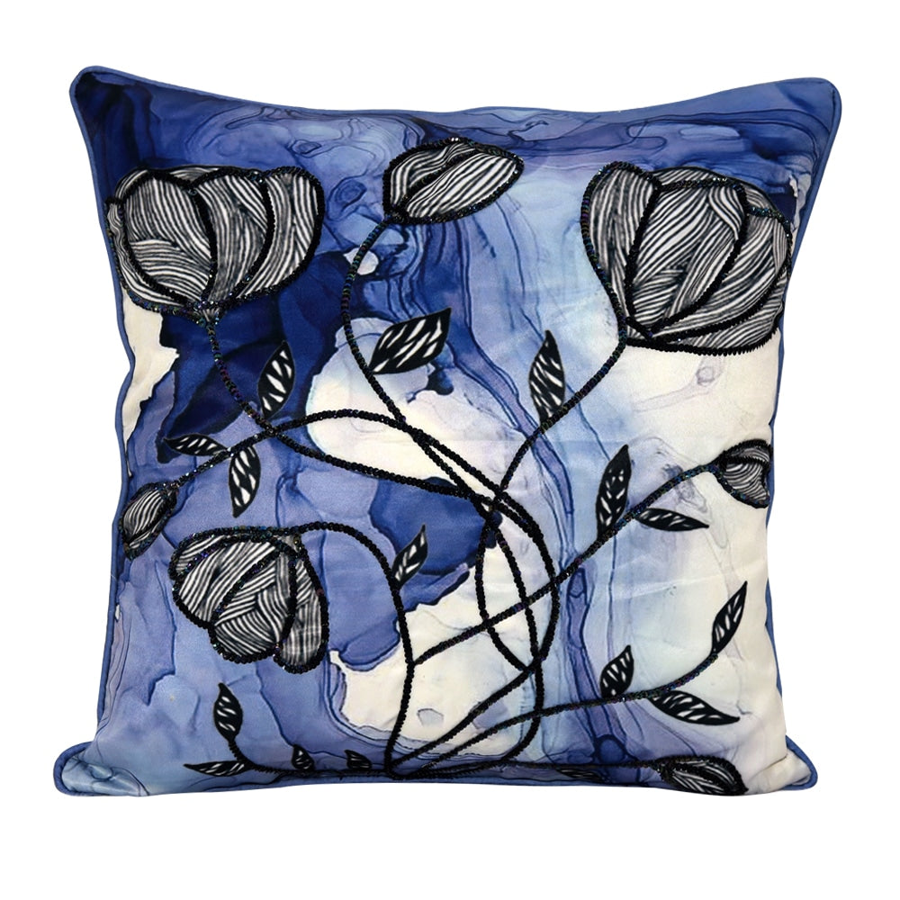 Silverbell Floral Digital Print Polyester Cushions & Cushion Cover Blue 16" X 16"…