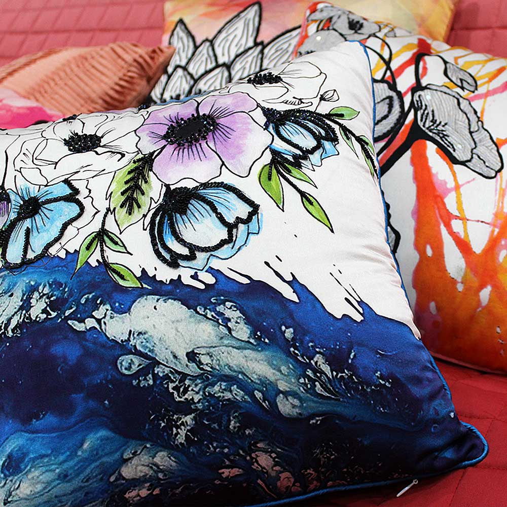 Cherry Blossom Hand Embroidered Polyester Flower Print Cushion Cover 16" X 16"…