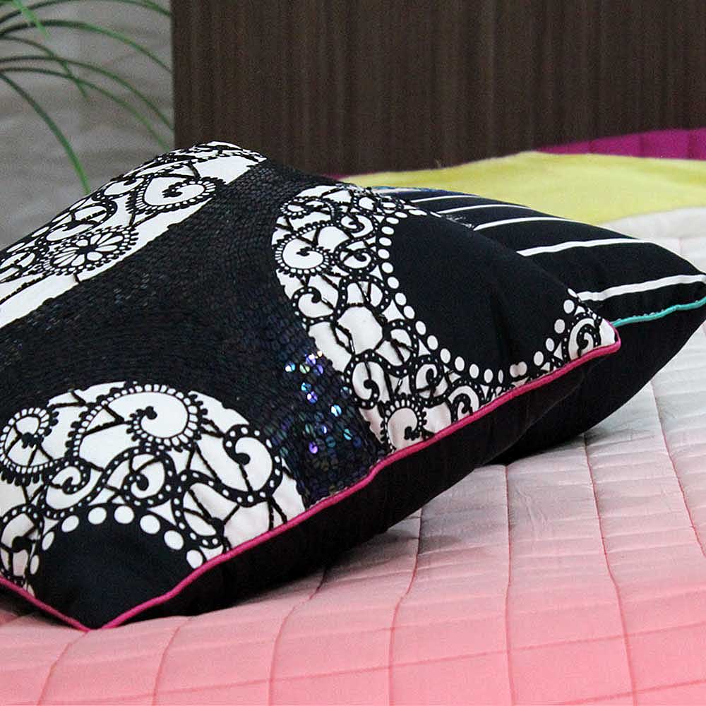 Hand Embroidered Abstract Design Cushion Cover 16" X 16" Black and White Digital Printed Cushion Case…
