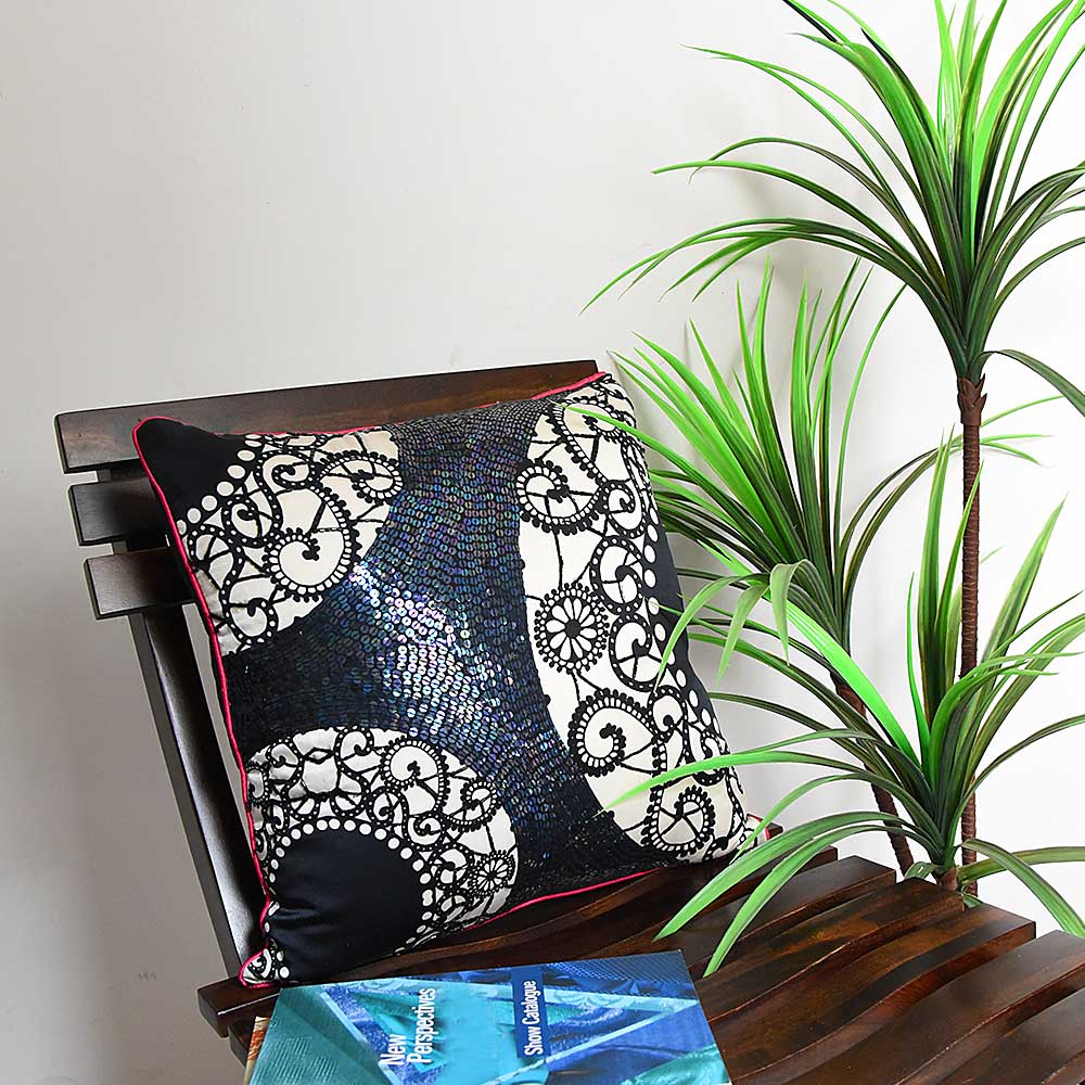 Hand Embroidered Abstract Design Cushion Cover 16" X 16" Black and White Digital Printed Cushion Case…