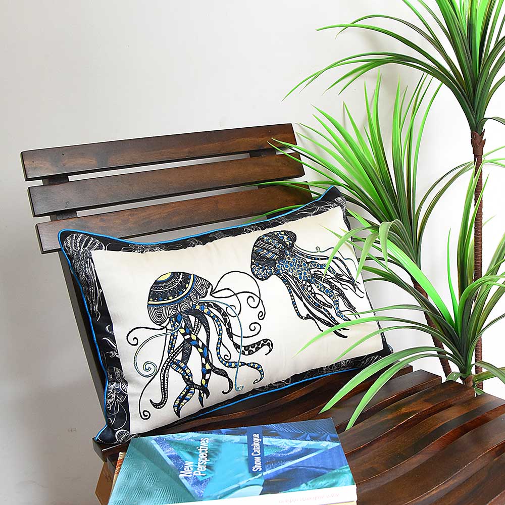 Hand Sketched Jelly Fish Digital Print Cushion Cover 12 X 18(Inch)