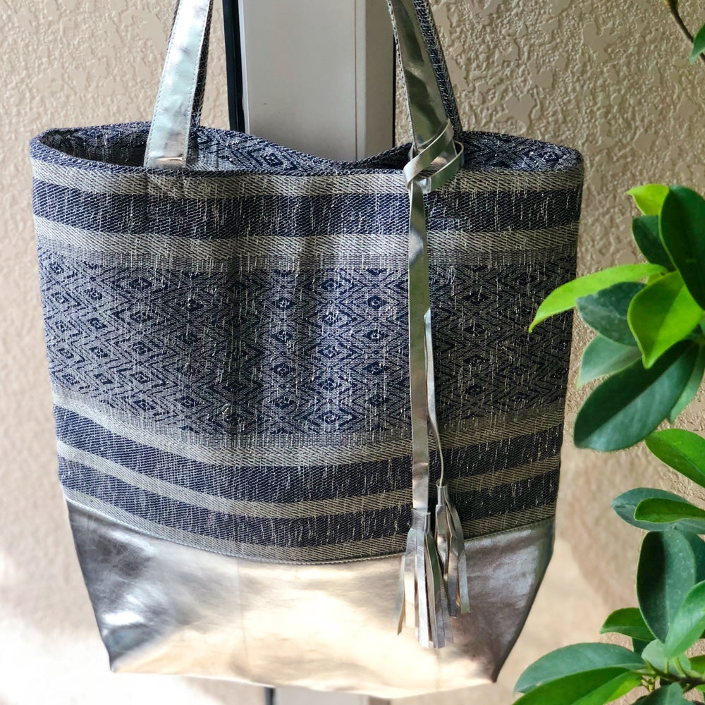 Hand Woven Cotton Tote Hand Bag with Silver Tassel