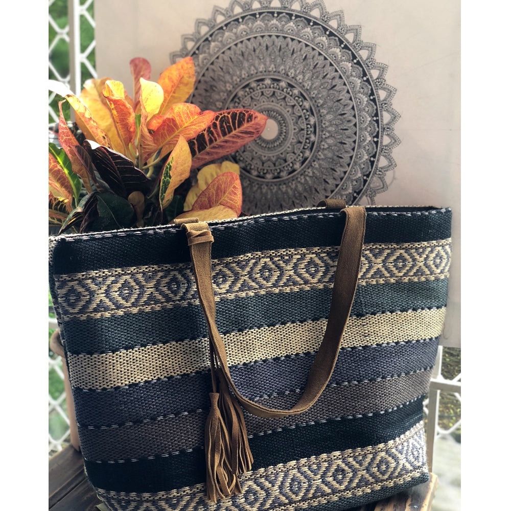 Hand Woven Jute Tote Bag with Inner Snap Closure