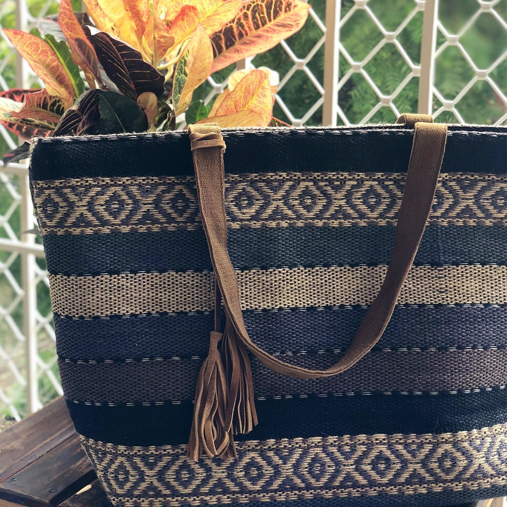 Hand Woven Jute Tote Bag with Inner Snap Closure