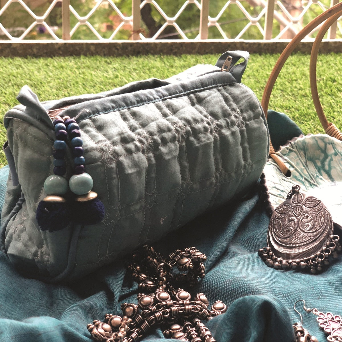 Cotton quilted Make Up Case Light Grey Jewelry Pouch Quilted Travel Bag