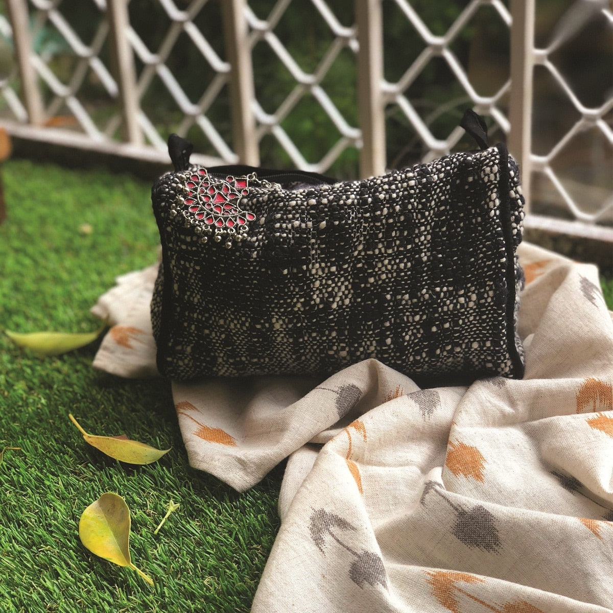 Cotton handwoven Make Up Case Handmade black and white Jewelry Pouch Travel Bag