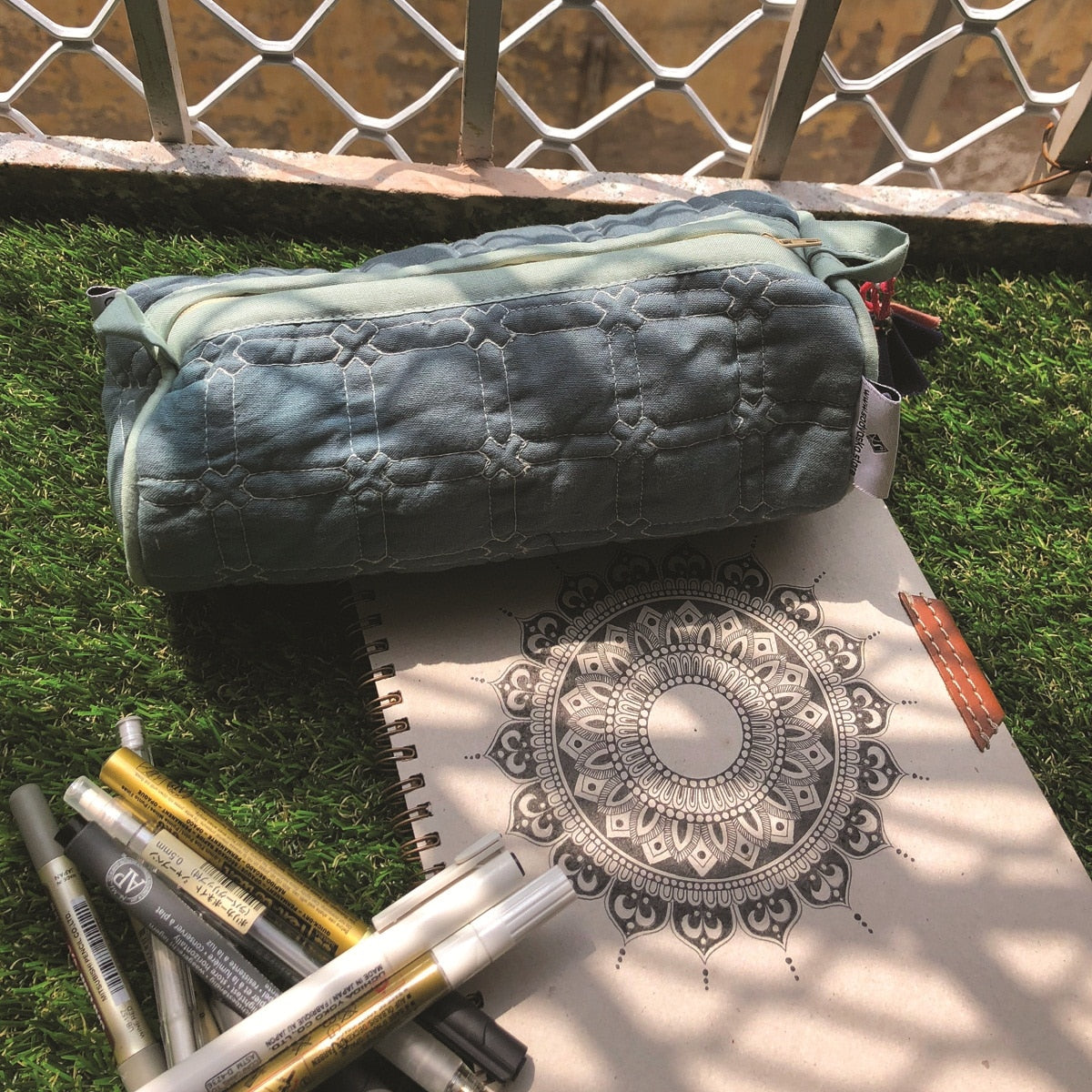 Cotton quilted Make Up Case blue Jewelry Pouch Quilted Travel Bag
