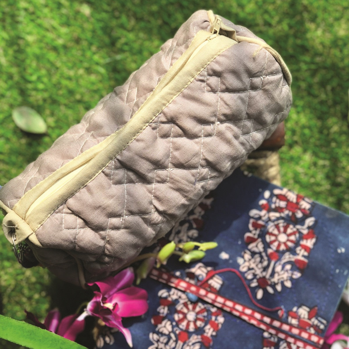 Cotton Quilted Beige Medium Size Quilted Wedding Jewelry Pouch / Cosmetic / Make Up Case Multifunction Storage